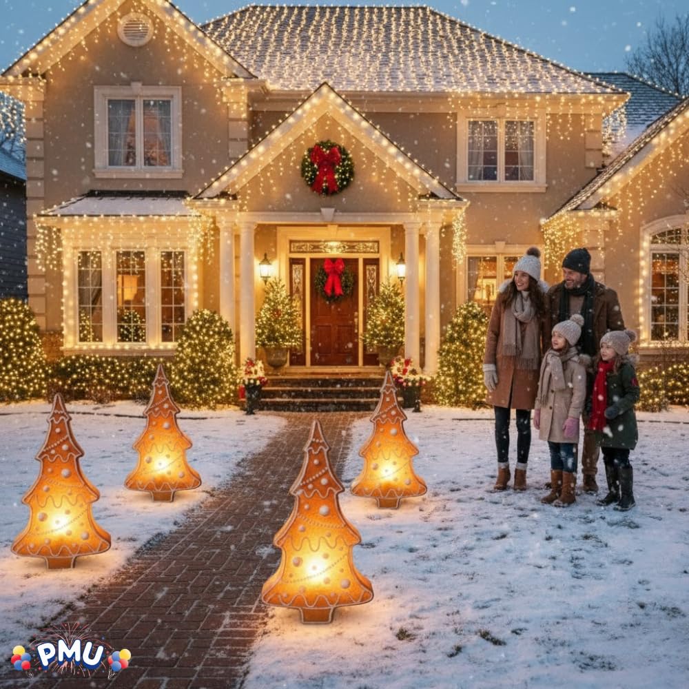 PMU Christmas Light-Up Gingerbread Tree - Blow Mold Plastic Statue Illuminated with Cord and Light - Perfect D  cor for Christma