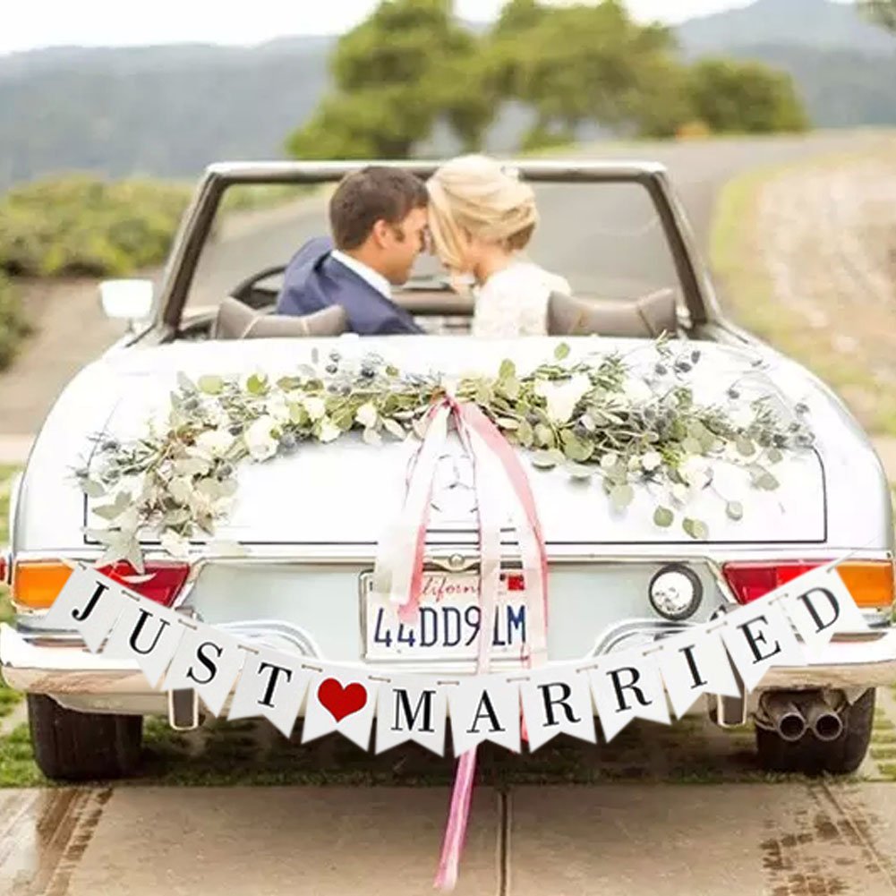 Just Married Wedding Banner Set, Wedding Decorations For Reception, Bridal Shower And Engagement Photo Prop,Car Decorations