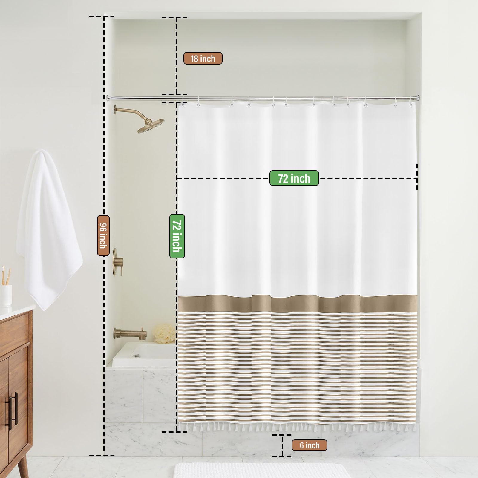 Beige Shower Curtain White Striped Tassel Shower Curtains For Bathroom Neutral Shower Curtain Set With Hooks, Water Repellent, W