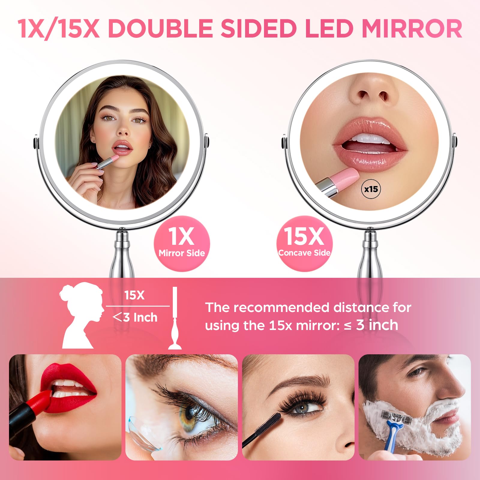 Daslava Lighted Makeup Mirror, Rechargeable 8'' 3 Color Vanity Mirror, 15X Magnifying Mirror With Brightness Adjustable, 360 Rot