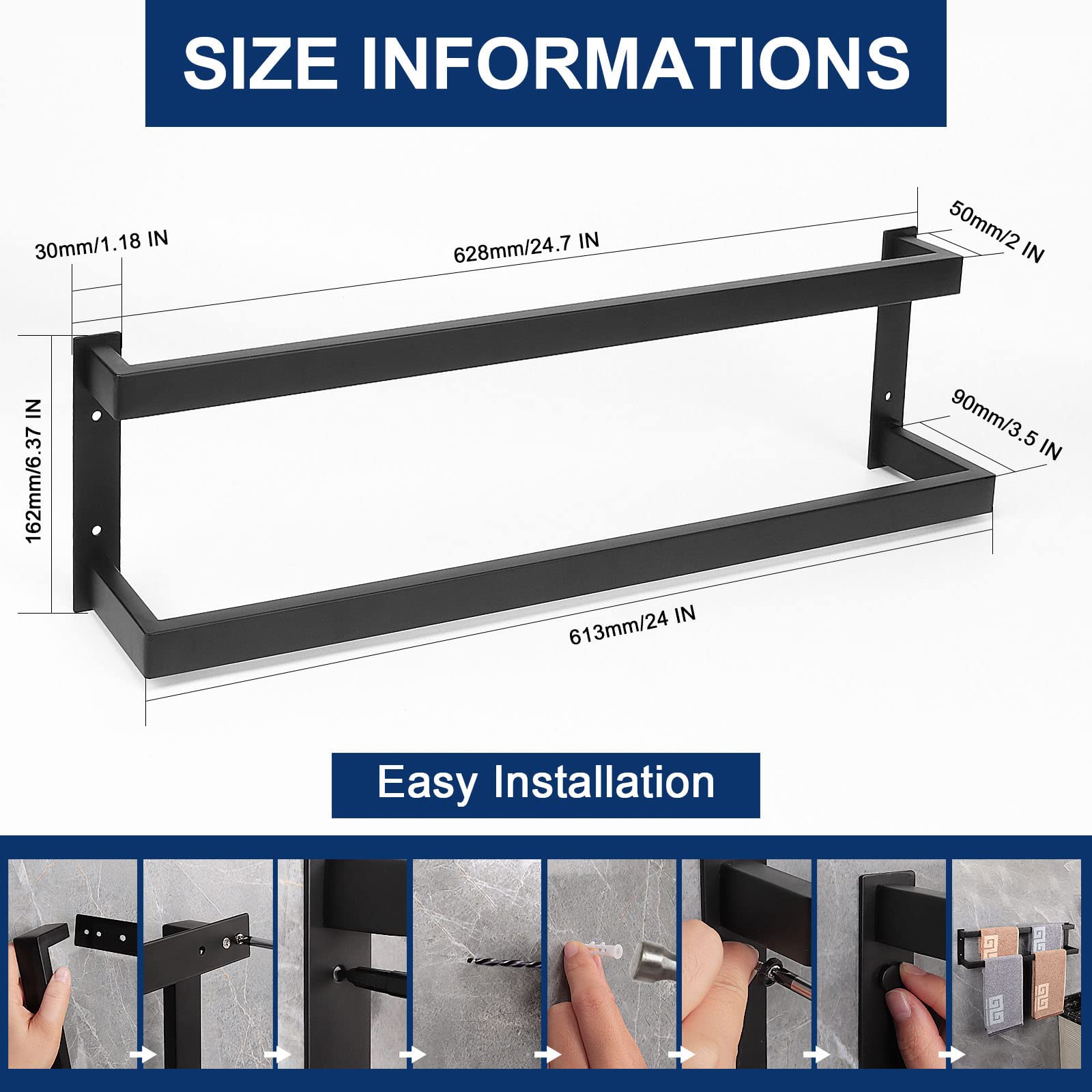 Nearmoon Bathroom Towel Bar, Towel Rod Holder, Square Shelf Rack Hanging Towel For Bath, Thicken Sus304 Stainless Steel Towel Ra