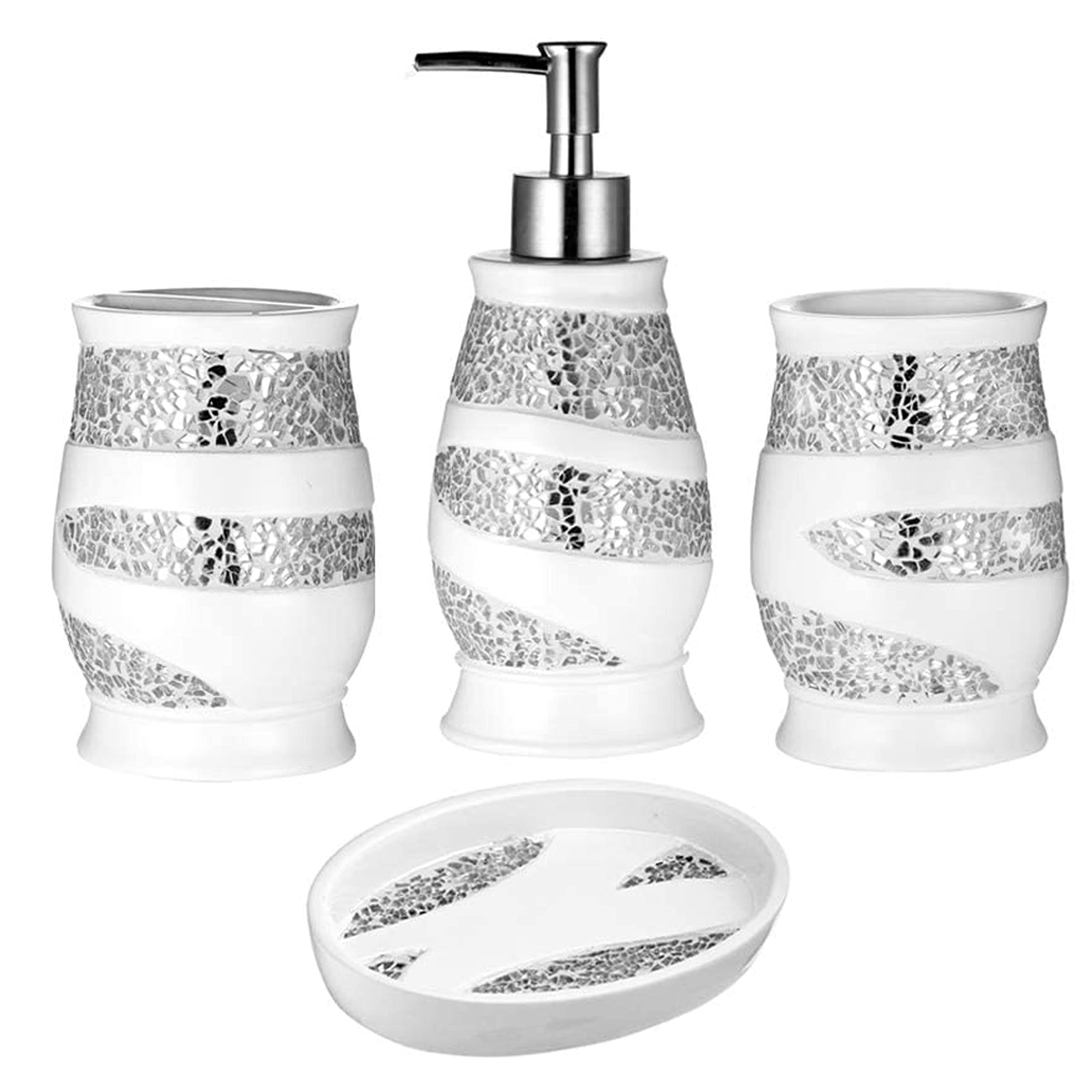 Zahari Home 4pc Sinatra Stylish Bathroom Accessories Set White Soap Dispenser  Tumbler  Tooth Brush Holder and Soap Dish Modern Classic Luxury Decor Bling Mosaic Glass White Bathroom Accessories