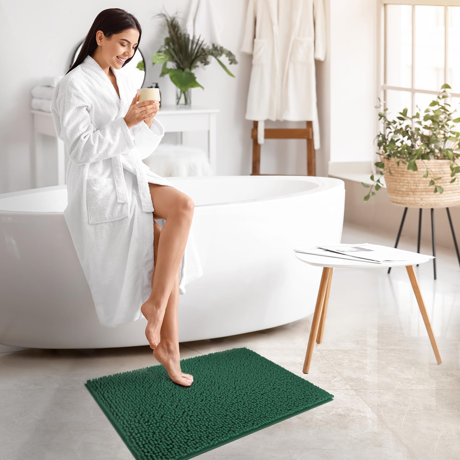 Techmilly Soft Fluffy Chenille Bathroom Rugs, Non Slip Absorbent Bath Mats For Bathroom, Washable And Quick Dry, Green, 17'' X 2