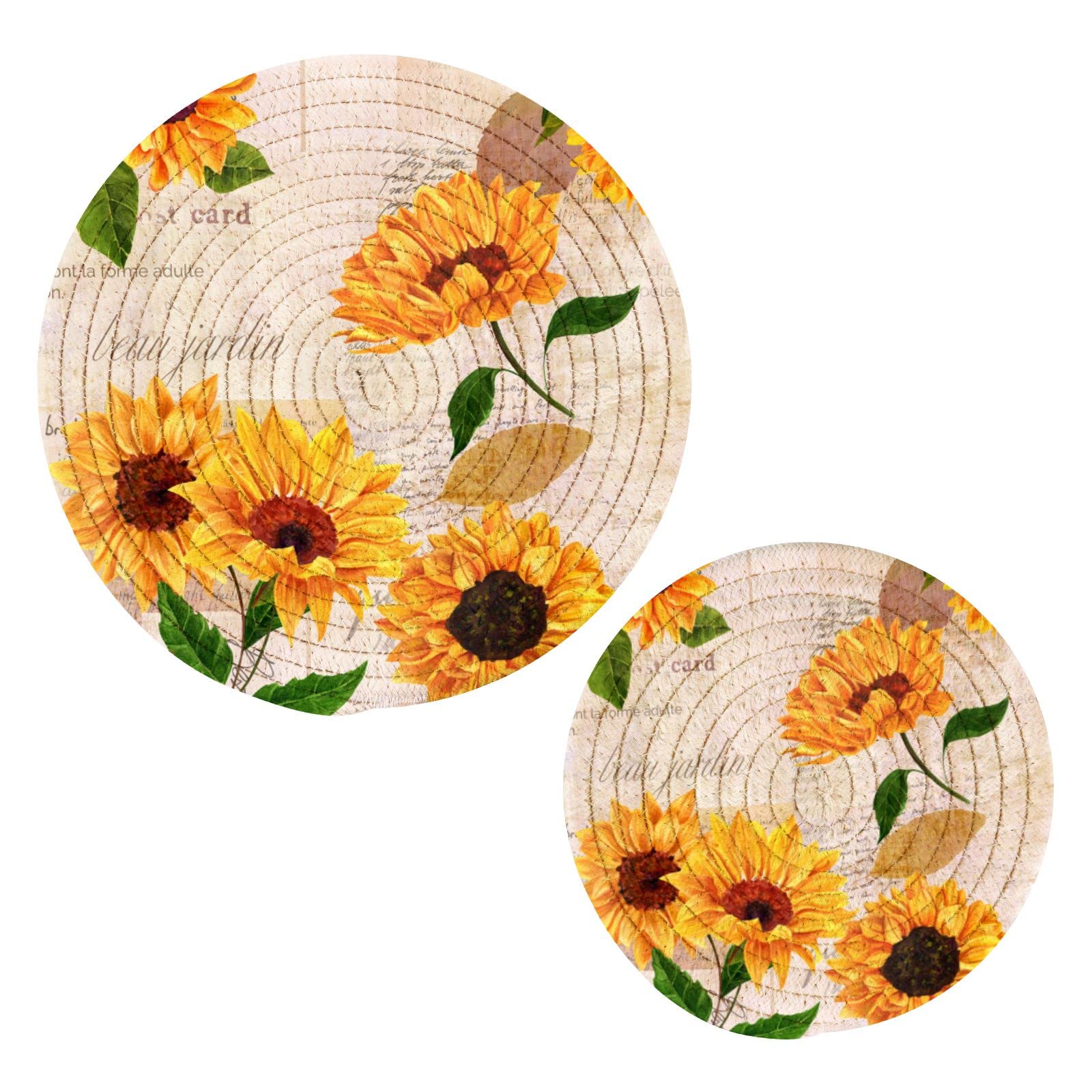 Blueangle 2-Pcs Yellow Watercolor Sunflowers Trivet Pot Holder - Round Woven Potholders Set - Cotton Braided Hot Pads - Coasters
