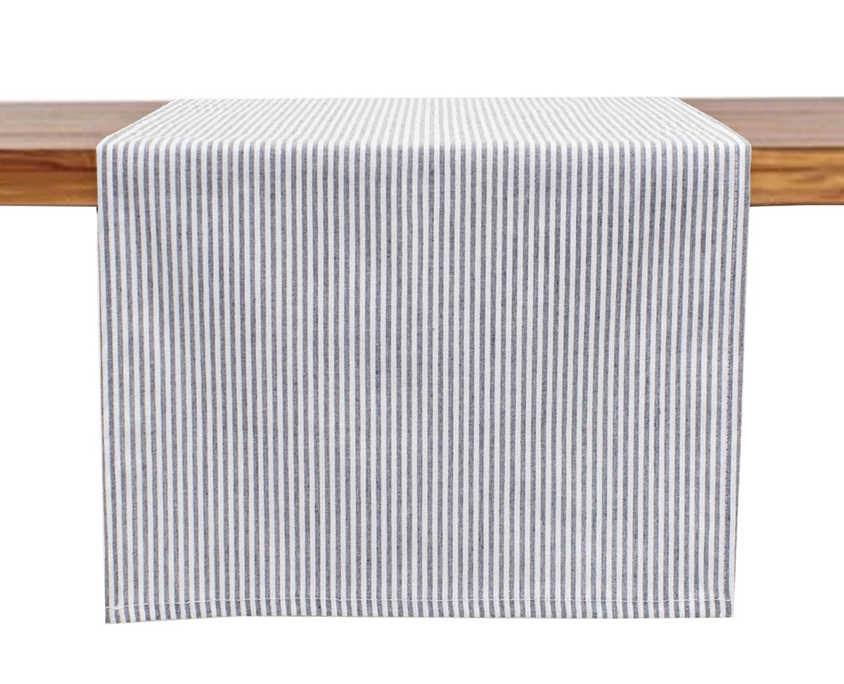 Fennco Styles Simple Ticking Stripes Reversible Pure Cotton Table Runner 16 X 72 Inch - Grey Soft Table Cover For Everyday Use,