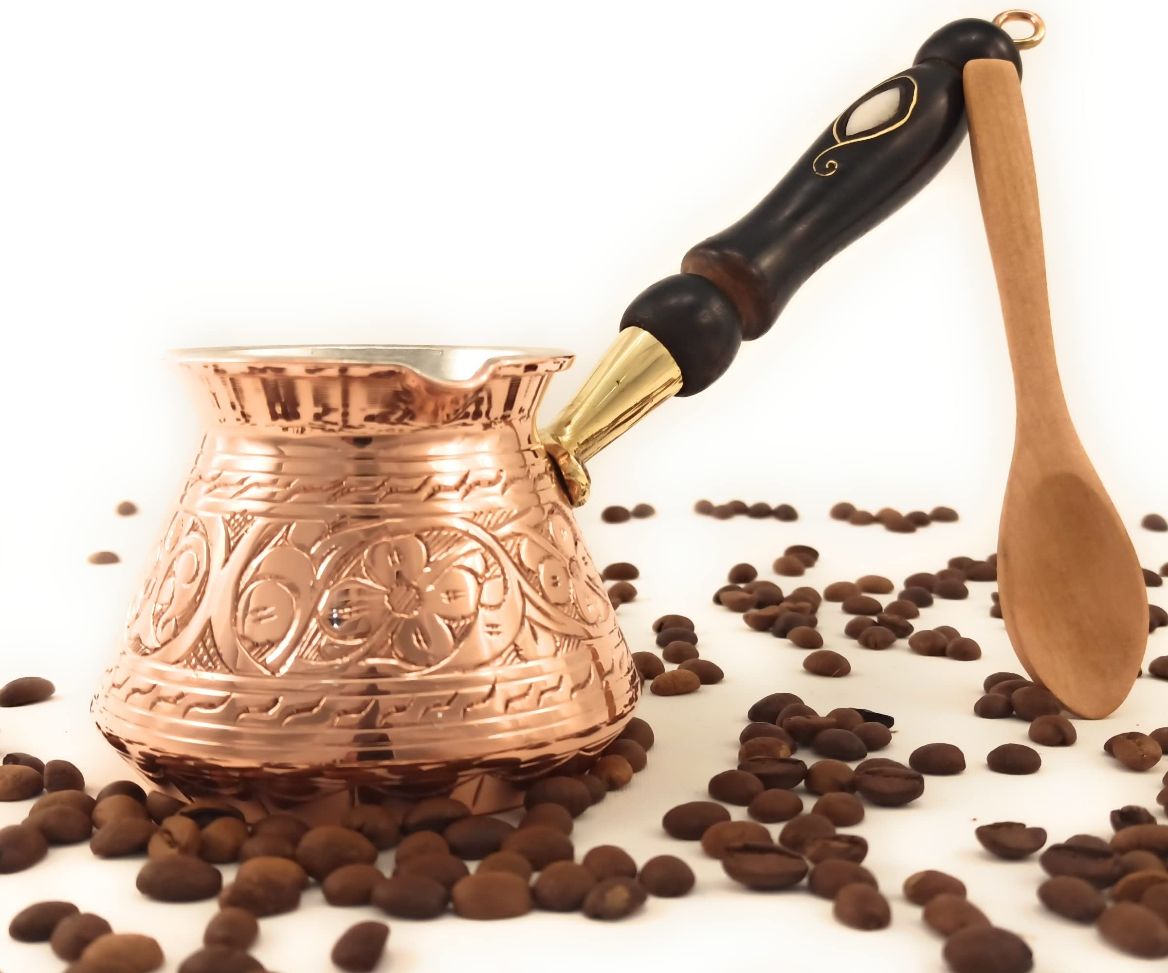 Aci Series (Medium-13 Fl Oz) - Thickest Solid Engraved Copper Turkish Greek Arabic Coffee Pot With Wooden Handle, Stovetop Coffe