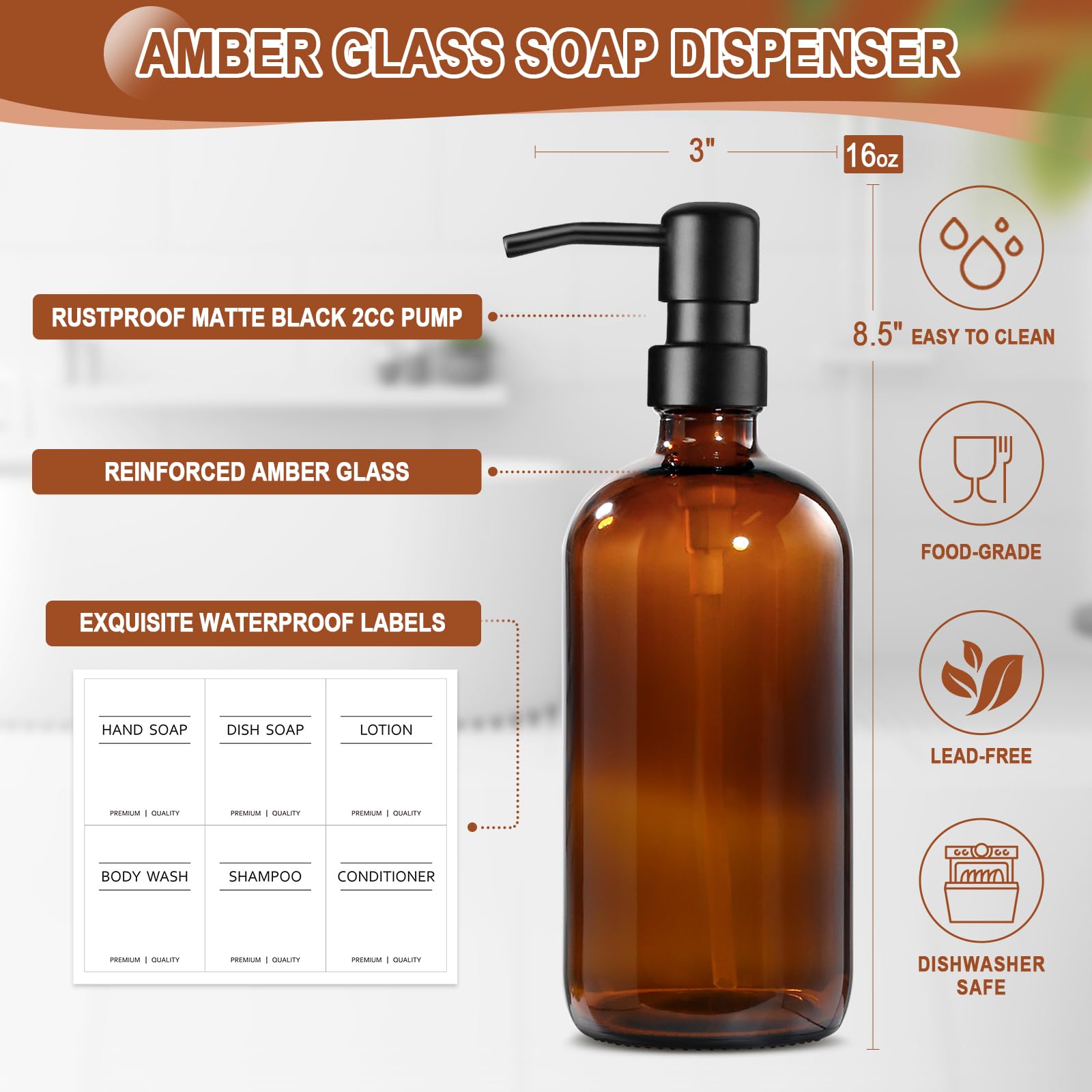 Kasunting Hand And Dish Soap Dispenser Set For Kitchen, Amber Glass Soap Dispenser With Stainless Steel Pump, Kitchen Soap Dispe
