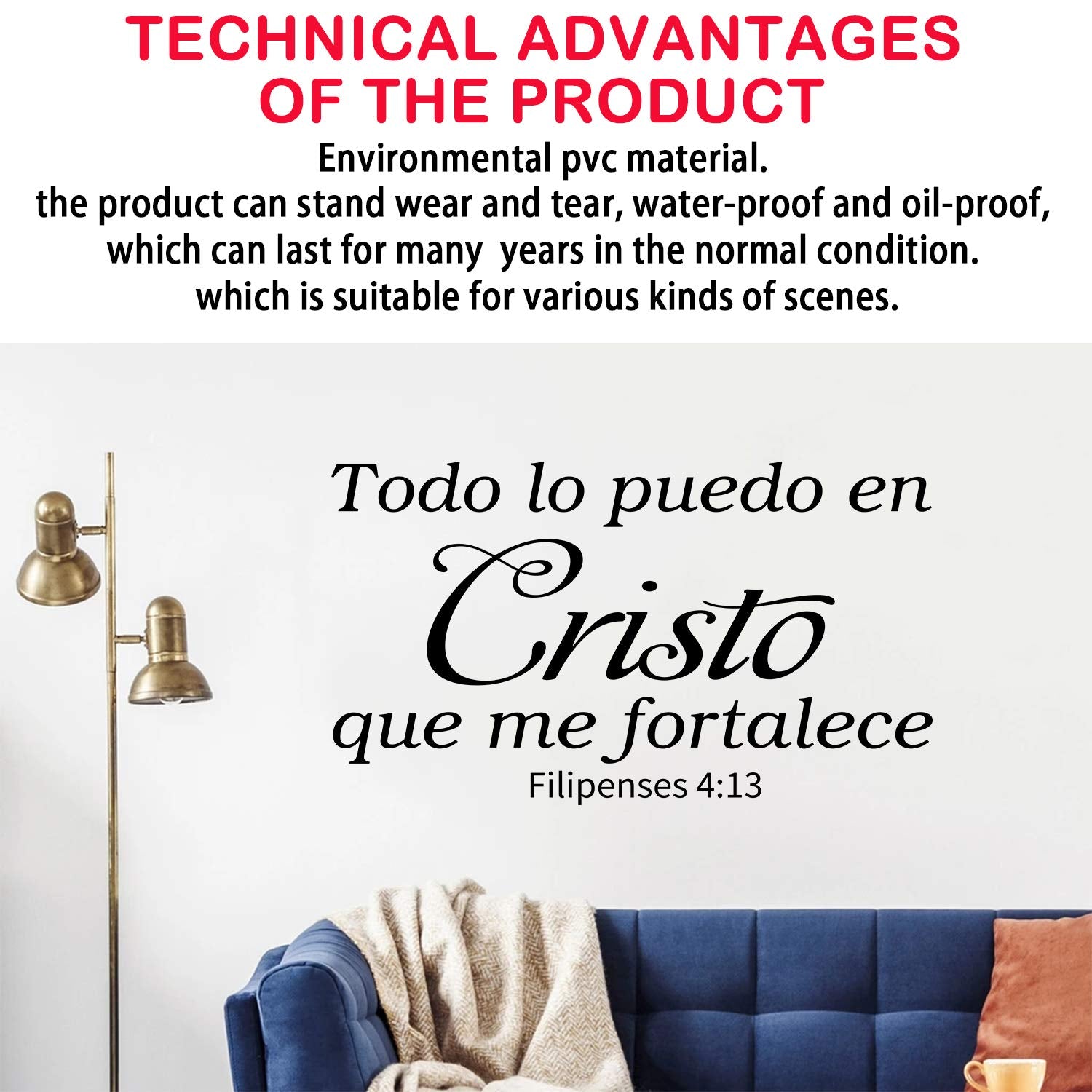 AnFigure Vinilos Decorativos para Pared  Frases para Decorar Pared En Espa?l  Dios Biblicos Calcomanias Quotes Home Art Decor Vinyl Stickers Spanish Todo Lo Puedo En Cristo Que Me Fortalece 21''x12''