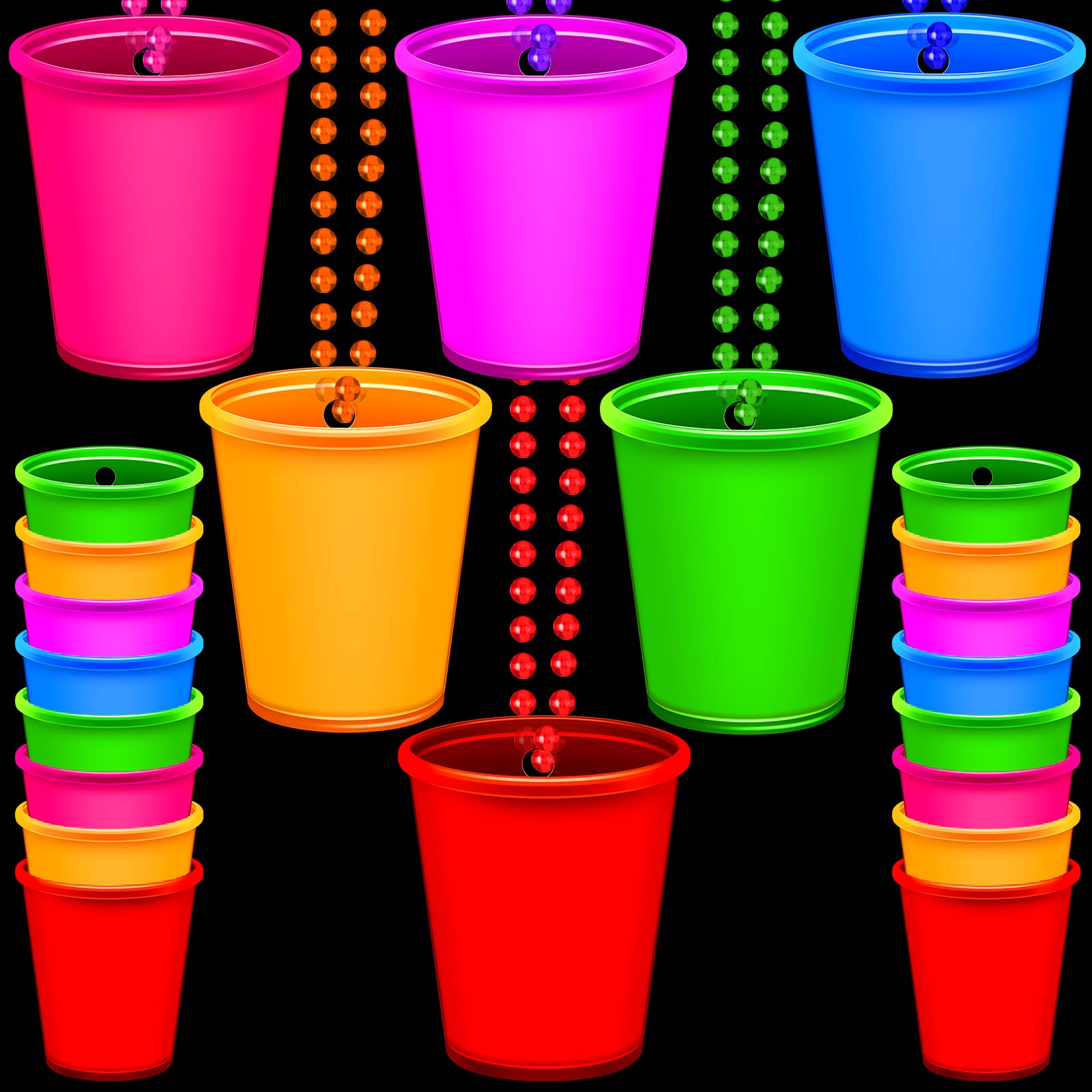 Sureio 12 Pieces Shot Glass Necklaces Glow in The Dark Neon Beaded Chains Light up Cup Shaped Accessories for Weddings BBQ Beach