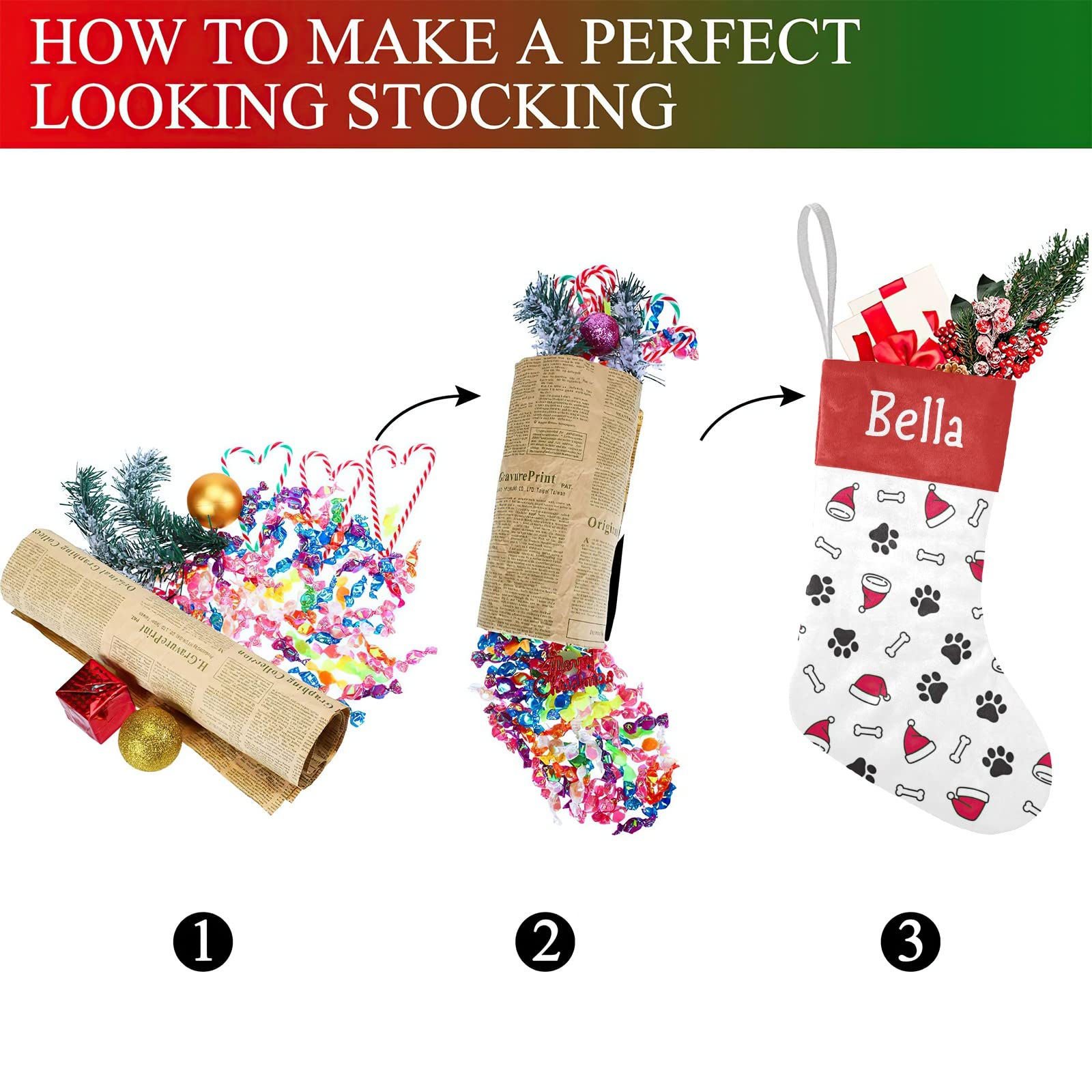 Personalized Name Cute Puppy Paws Santa Hats Bones Christmas Stockings Text Custom Xmas Holiday Pup Dog Gift Decor 17.52 x 7.87