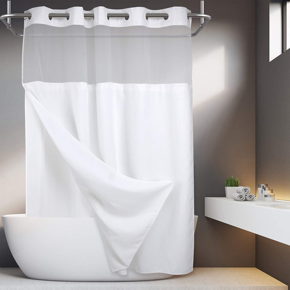 No Hooks Required Waffle Weave Shower Curtain With Snap In Liner - 71W X 74H,Hotel Grade,Spa Like Bath Curtain,White