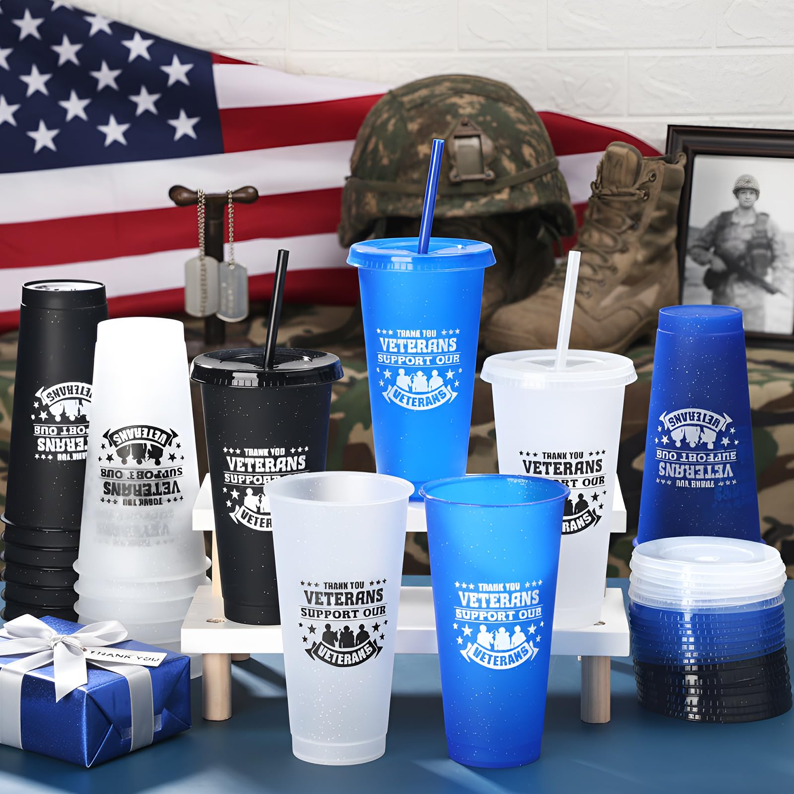 Skylety 24 Pcs Veterans Appreciation Gift 24 oz Support Our Veterans Day Gifts Plastic Coffee Cups with Straws and Lids Team Gif
