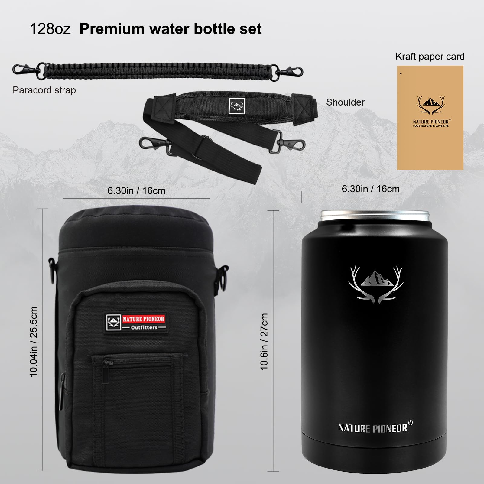 Nature Pioneor Insulated Water Bottles With Straw - 128 Oz Stainless Steel Vacuum Water Bottle With Holder/Carrier/Sleeve - Reus