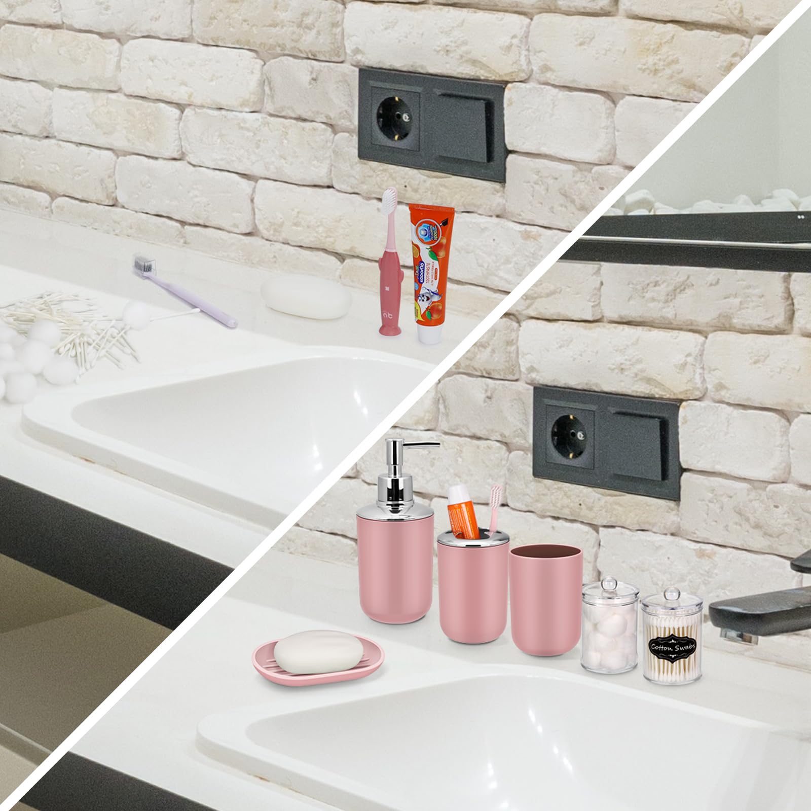 7 Piece Pink Bathroom Set,Soap Dispenser,Toilet Brush,Trash Can & D  cor Tray,Complete Accessories for Bathroom Organization & H