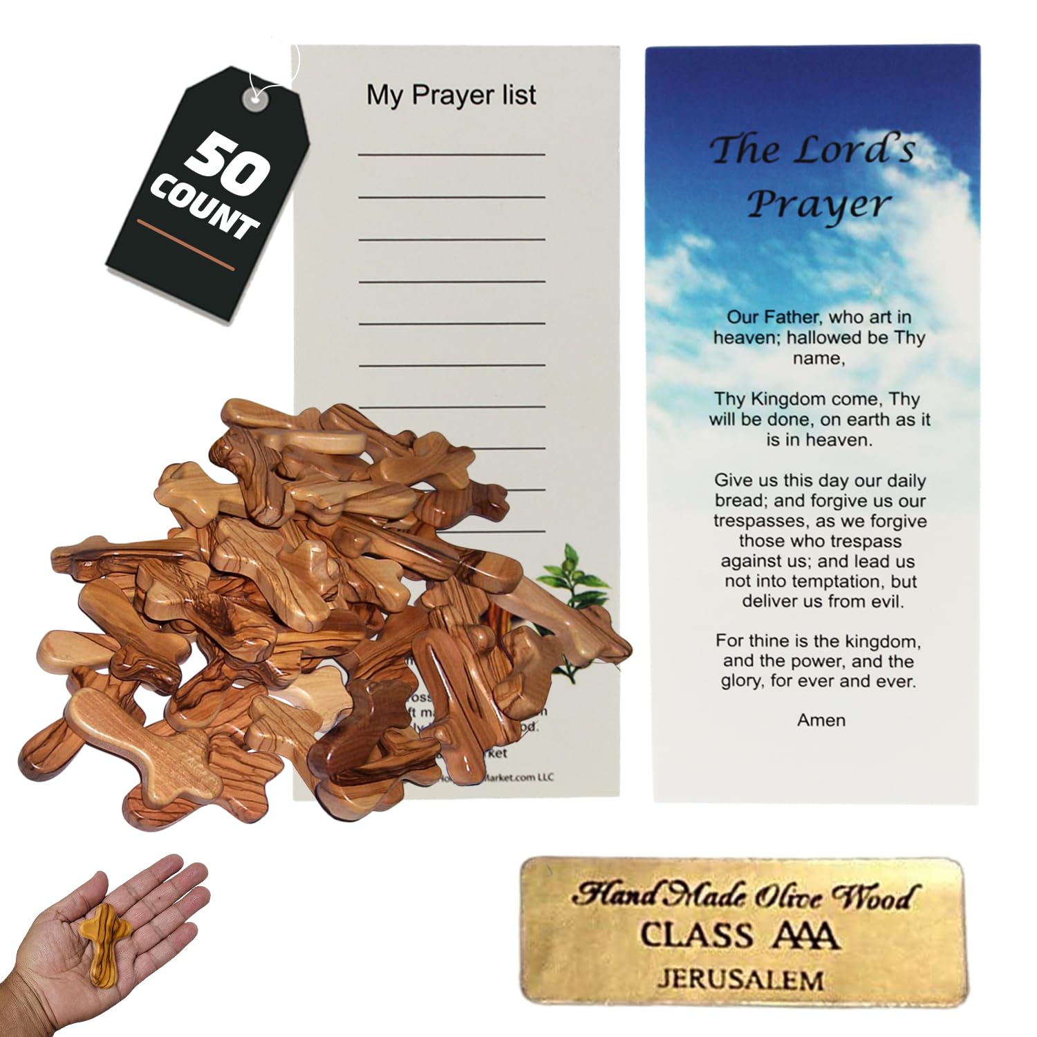 Holy Land Market Pocket Crosses - 50, 2.5 Inch Handmade Jerusalem Crucifix with Certificates & Lord Prayer Card - Holy Land Oliv