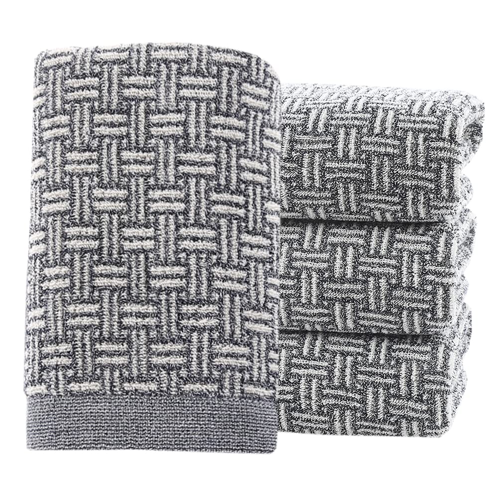 Pidada Hand Towels Set Of 4 Checkered Pattern 100% Cotton Absorbent Soft Decorative Towel For Bathroom 13.4 X 29.1 Inch (Gray)