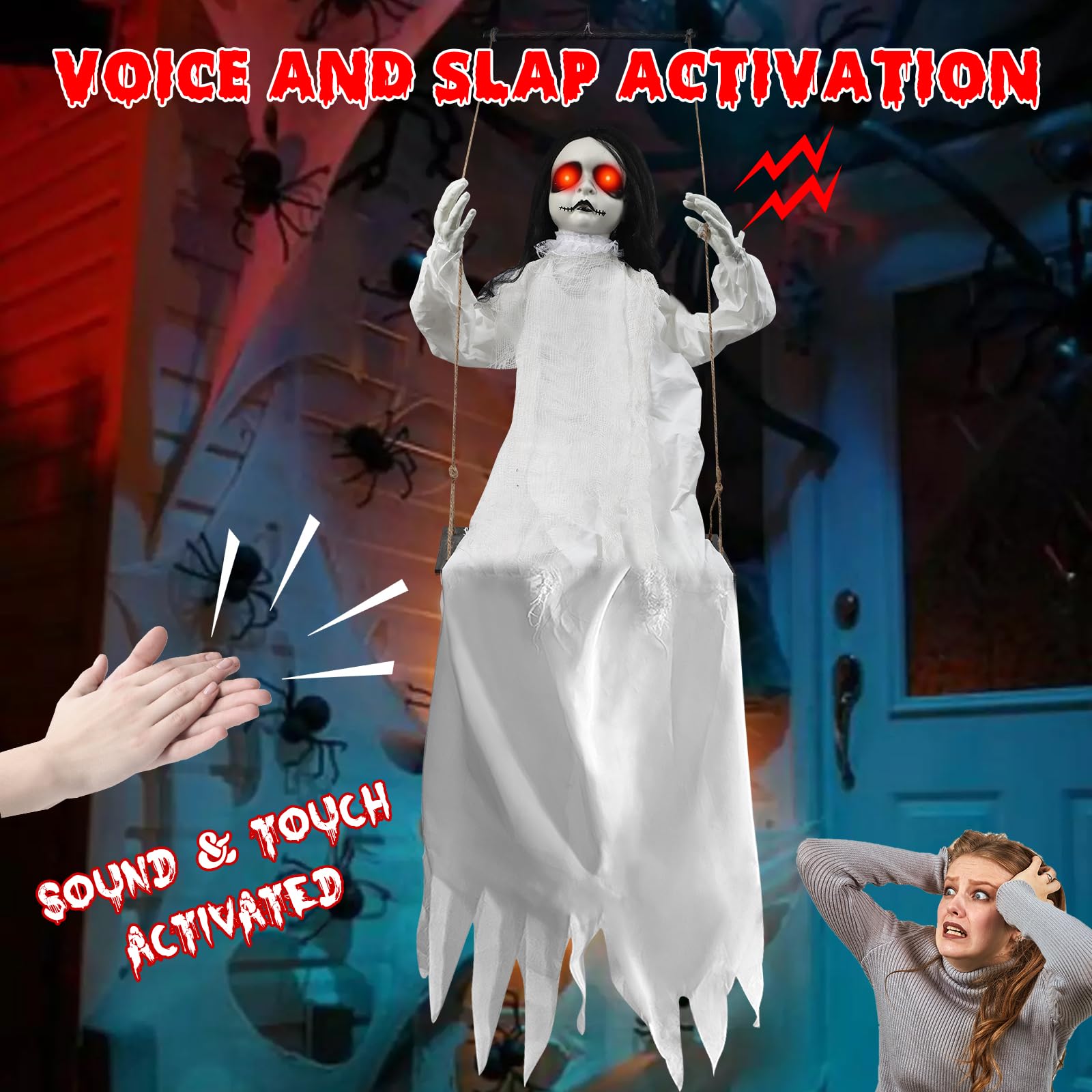 Scary Halloween Decorations Outdoor Hanging Swinging Girl with Sound & Slap Activated, Light Up Eyes Creepy Sound Expressions, L