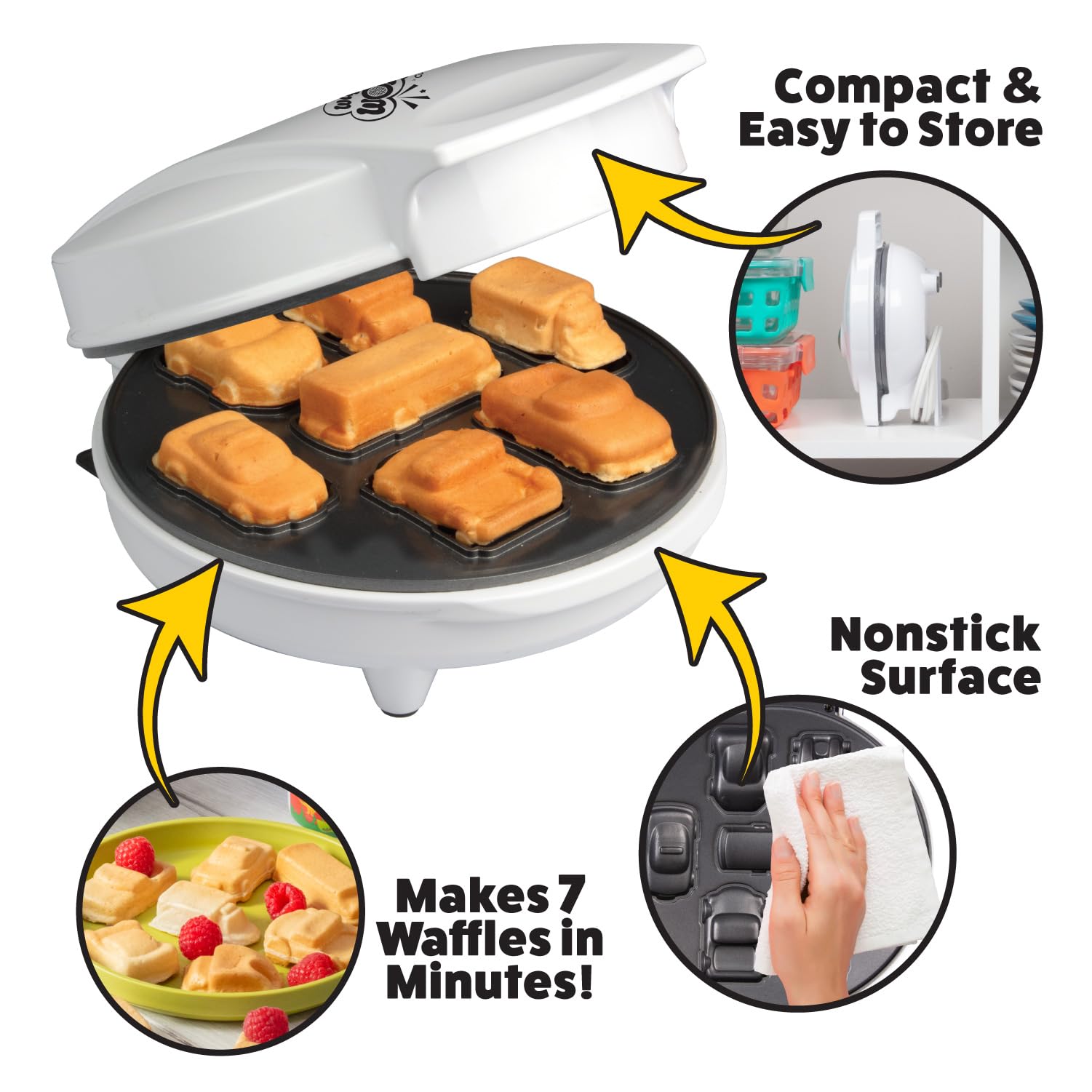 Car Mini Waffle Maker - Make 7 Fun  Different Race Cars  Trucks  and Automobile Vehicle Shaped Pancakes- Electric Waffler Iron- Non-Stick Pan Cake Baker w Recipe Guide- Fun Xmas Holiday Gift for Him