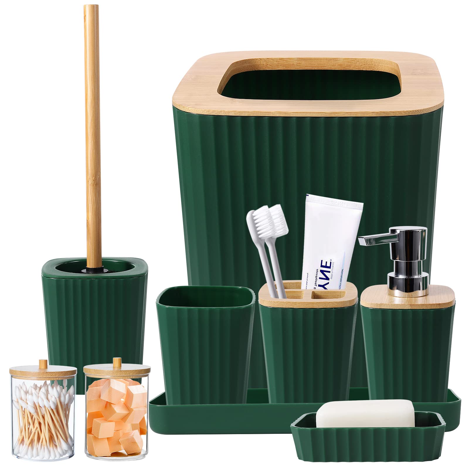 Bathroom Accessories Sets Complete, 9-Piece Dark Green Bathroom Accessories With Trash Can, Vanity Tray, Soap Dispenser, Soap Di