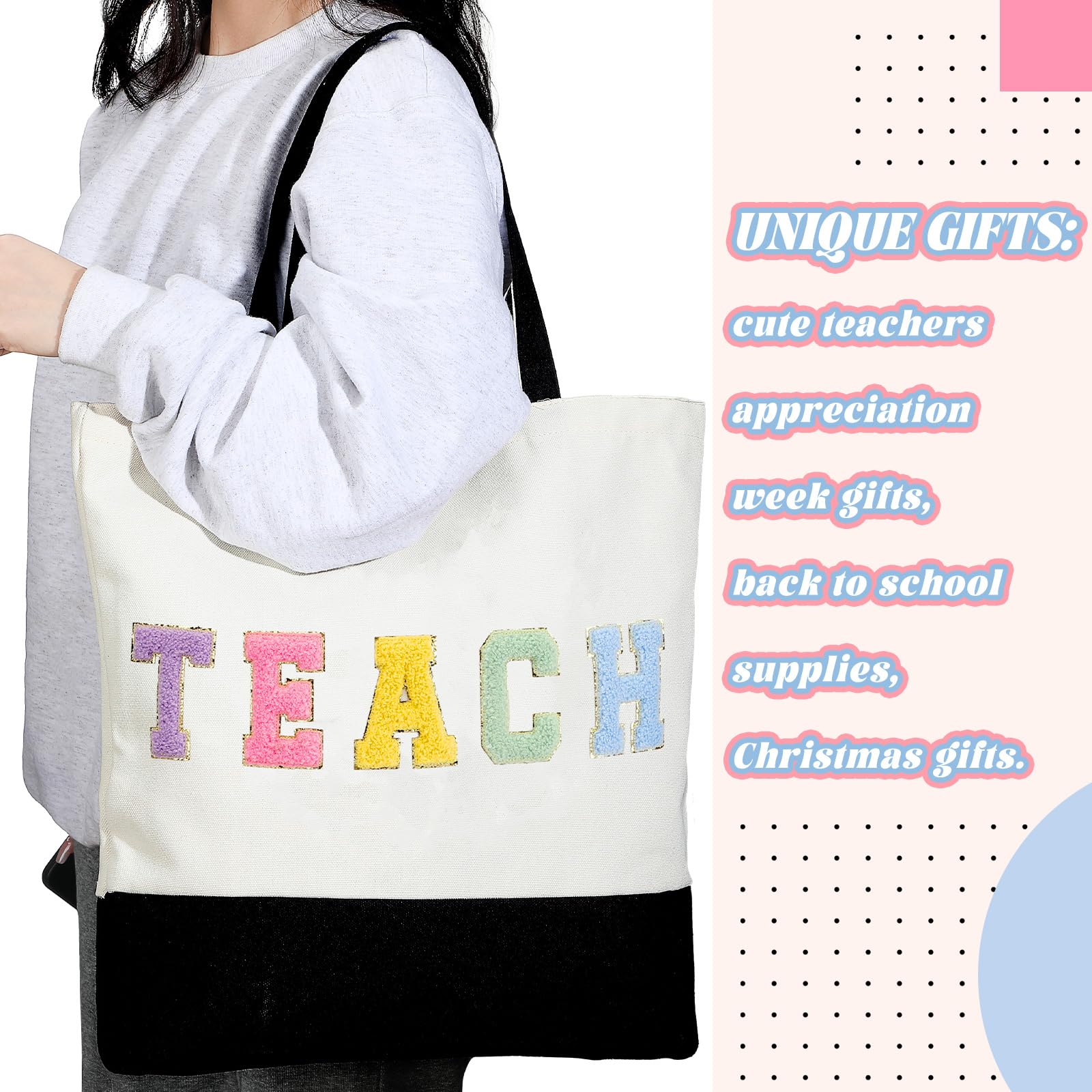Buryeah 2 Pcs Teacher Appreciation Gift Canvas Tote Bag with Makeup Bag Thank You Teacher Tote for Women Graduation(Letter)