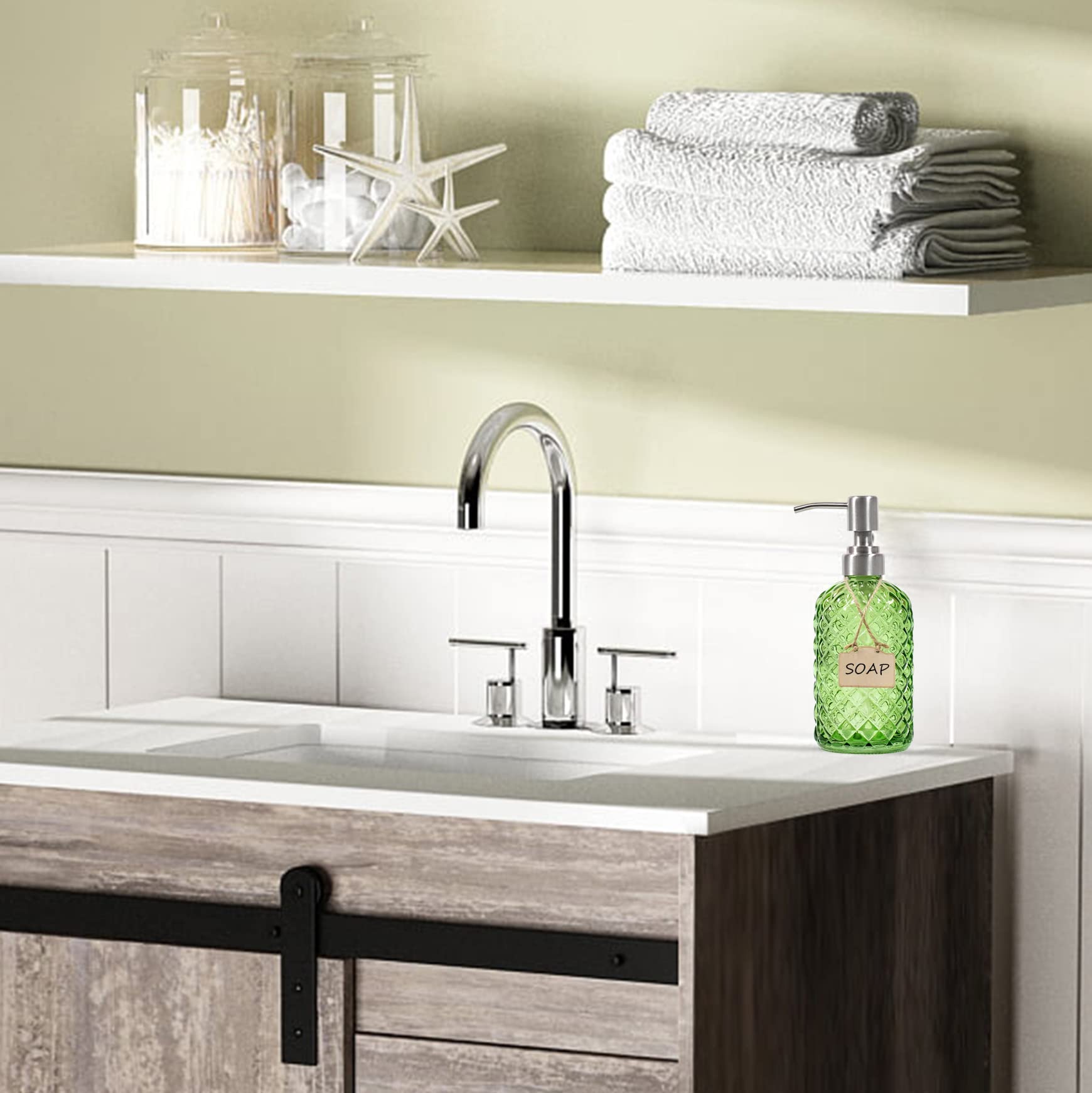 Bathroom & Kitchen Glass Hand And Dish Soap Dispenser With 304 Rustproof Stainless Steel Pump (Green-2Pack)