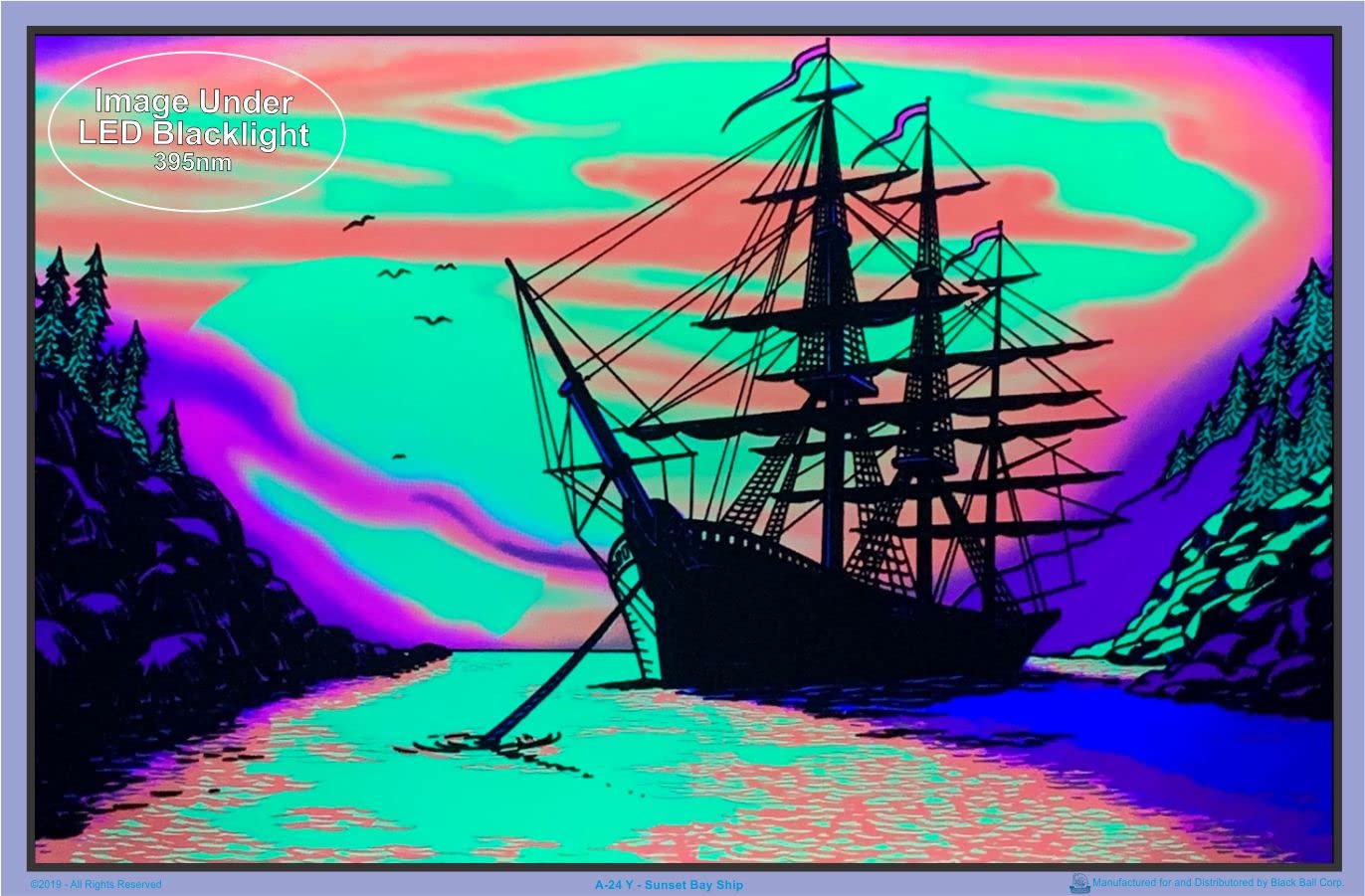 Sunset Bay Ship Blacklight Poster - Authentic Blacklight-Reactive Flocked Material - 35'' X 23''
