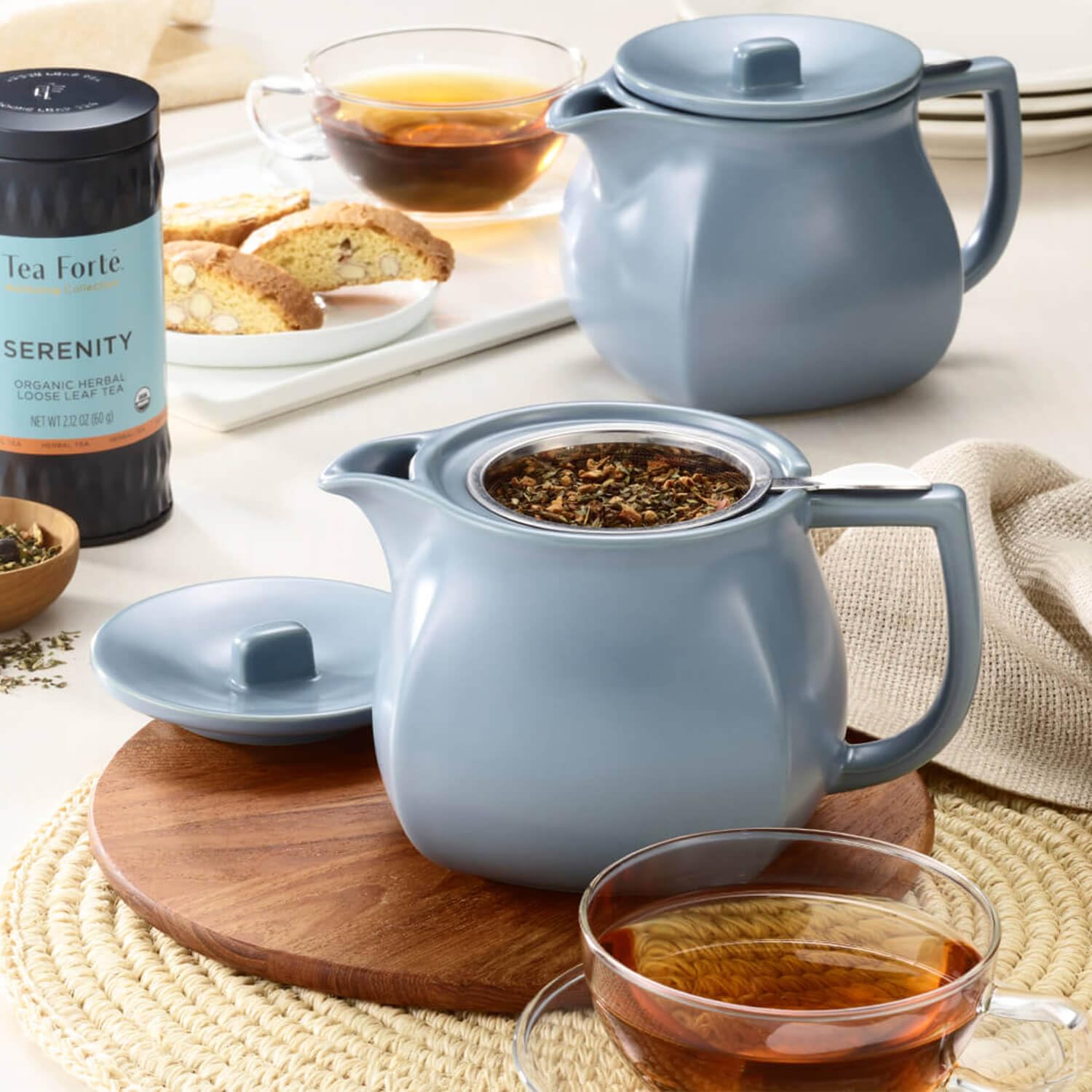 Tea Forte Fiore Ceramic Teapot With Infuser And Lid, Stone Blue, 24 Oz. Ceramic Pot For Steeping Loose Leaf Tea, Dishwasher & Mi