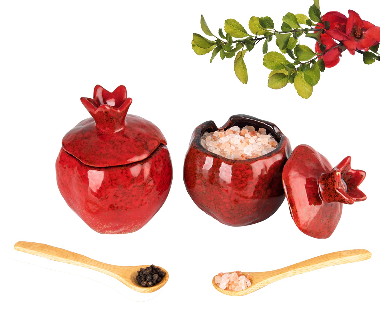 Gabroc Salt Cellar Salt Box 2 Pcs Salt Container Salt Pig Red Salt Bowl Salt Cellar With Lid Spoon Ceramic Pomegranate Shaped