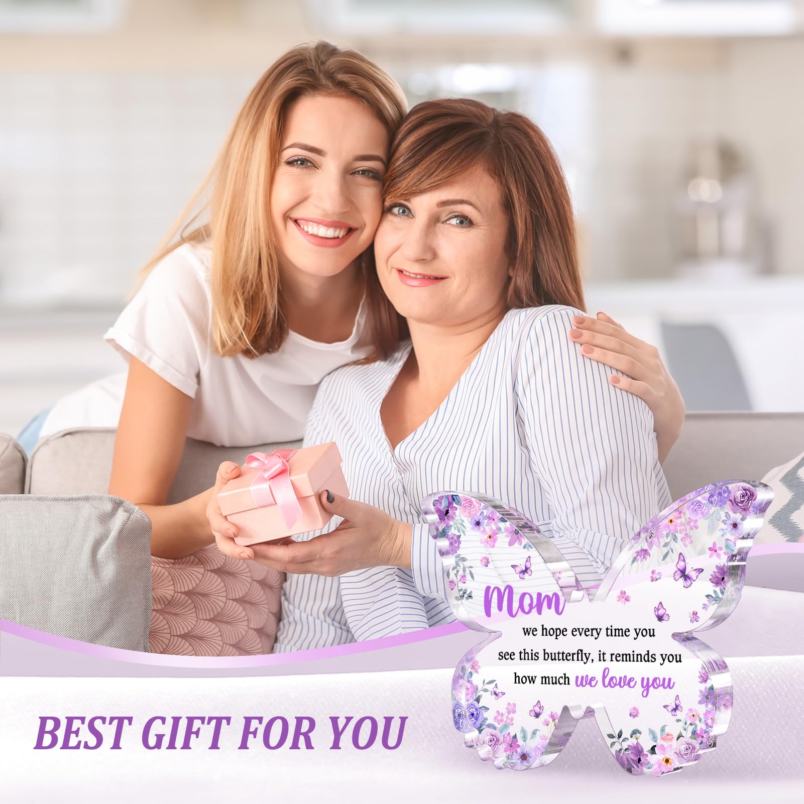 Glydein Christimas Gifts for Mom, Mom Birthday Gifts from Daughter Son, Unique Purple Butterfly Acrylic Plaque Desk Decor, Mothe