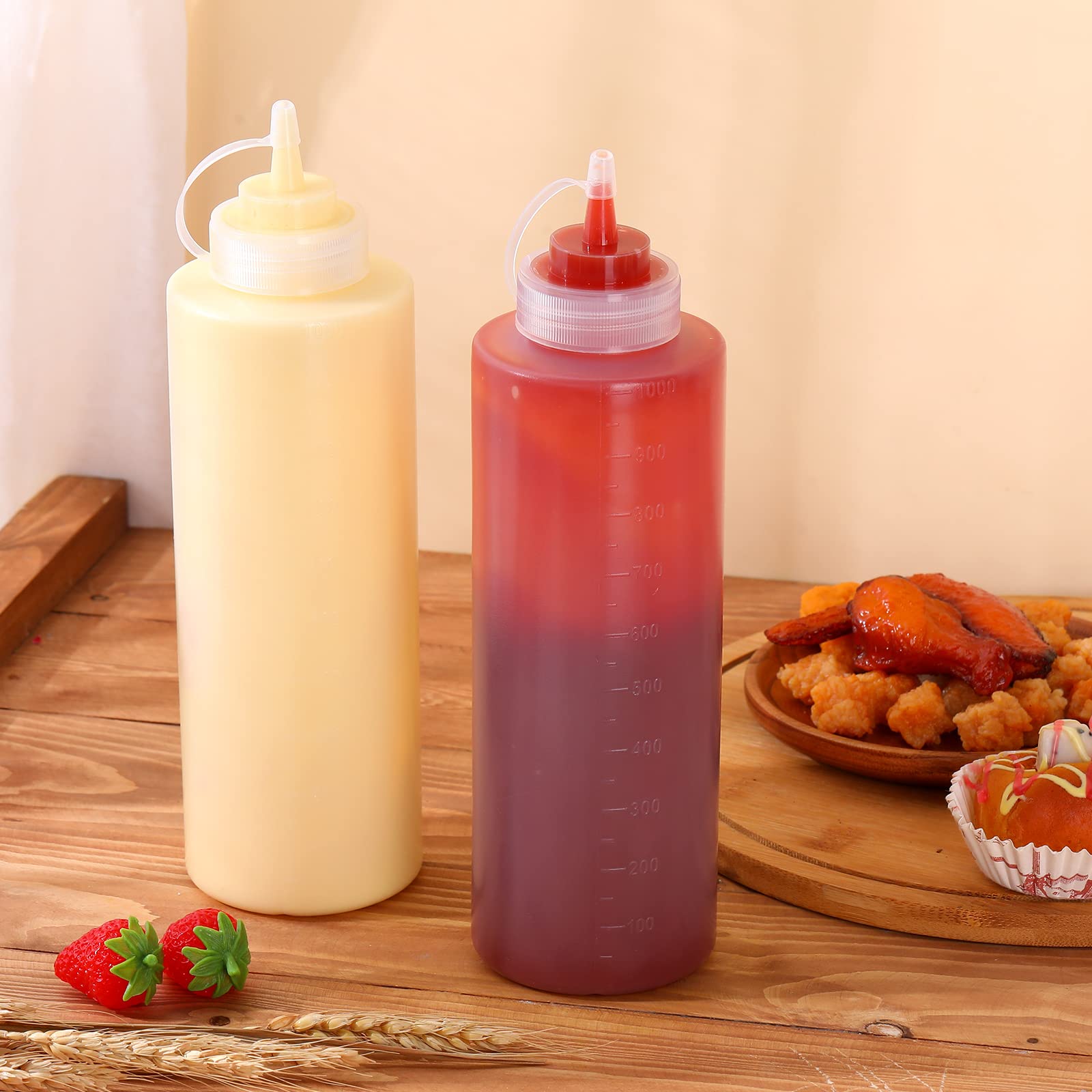 Hoolerry 16 Pieces 32 Oz Squeeze Bottle Plastic Condiment Squeeze Bottles With Twist On Cap Lids And And Discrete Measurement Sa