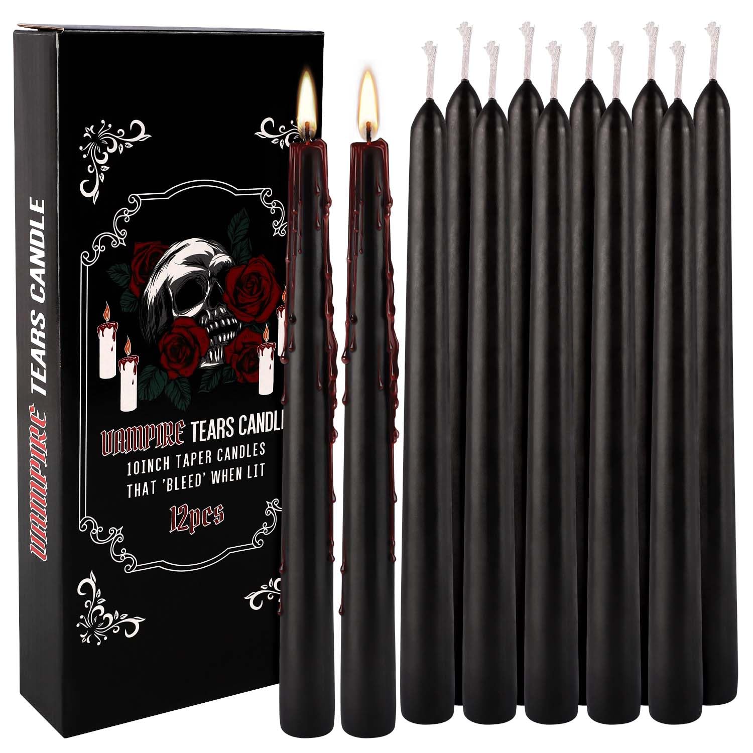 12PCS 10-Inch Black Bleeding Taper Candles,Vampire Tears Taper Candles- Unscented Ideal for Halloween, Christmas, Rituals, and T