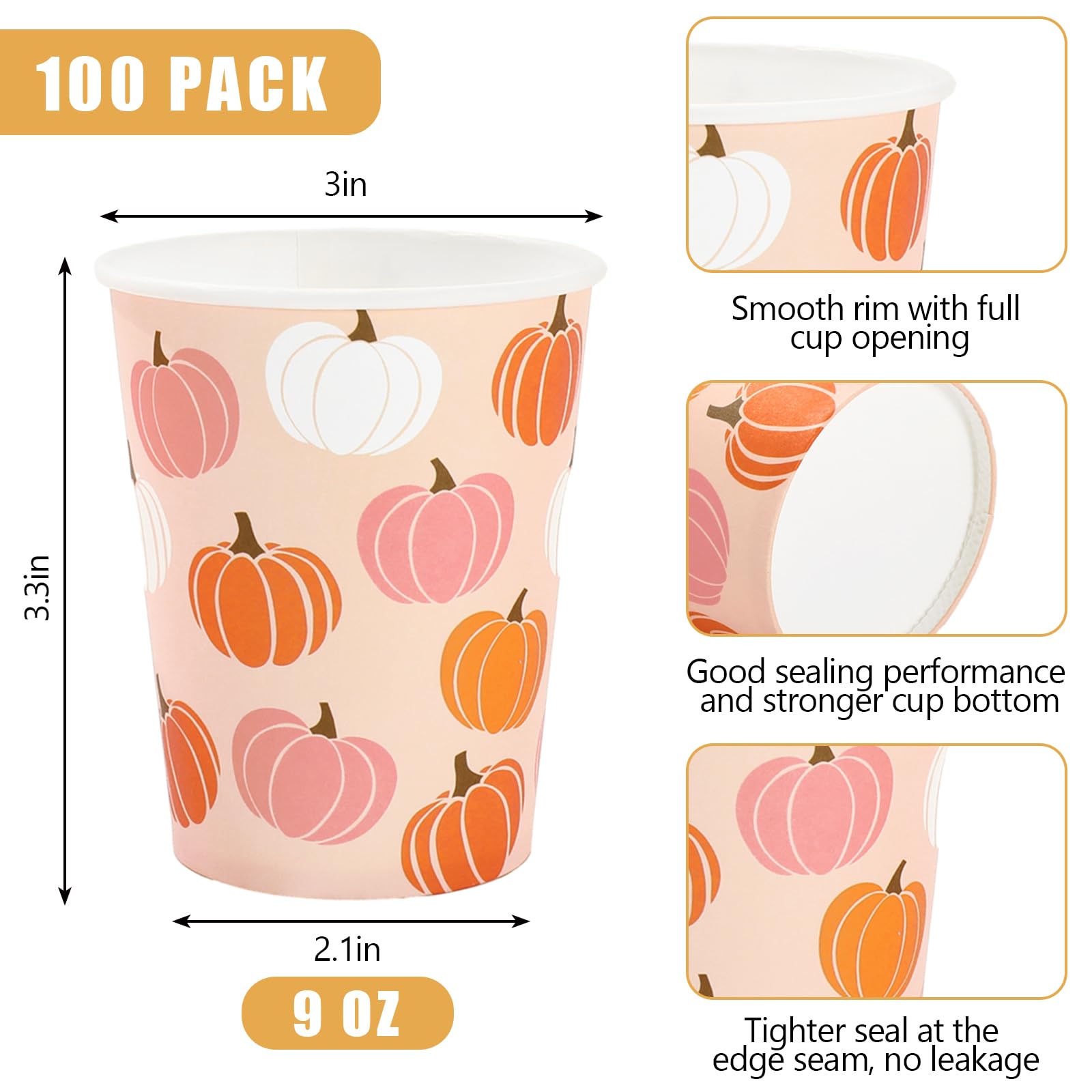 FYSUIMU 100Pcs Fall Paper Cups 9oz Pink Orange Pumpkin Drinking Cup A Little Pumpkin Disposable Cups for Autumn Thanksgiving Tab