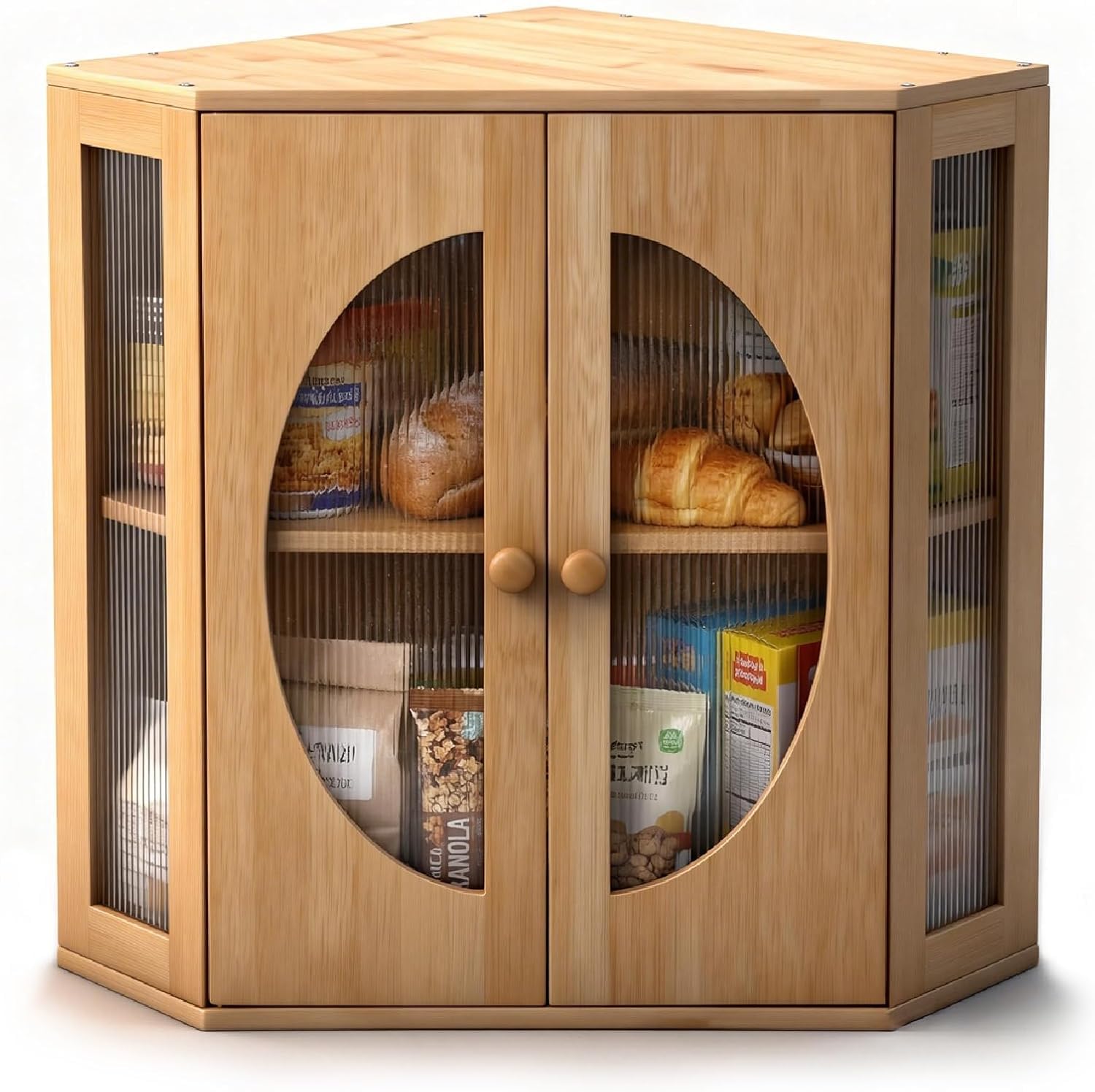 Corner Bread Box for Kitchen Countertop: Double Door Bamboo Bread Storage Container with Clear Window, 2Tier Large Bread Holder