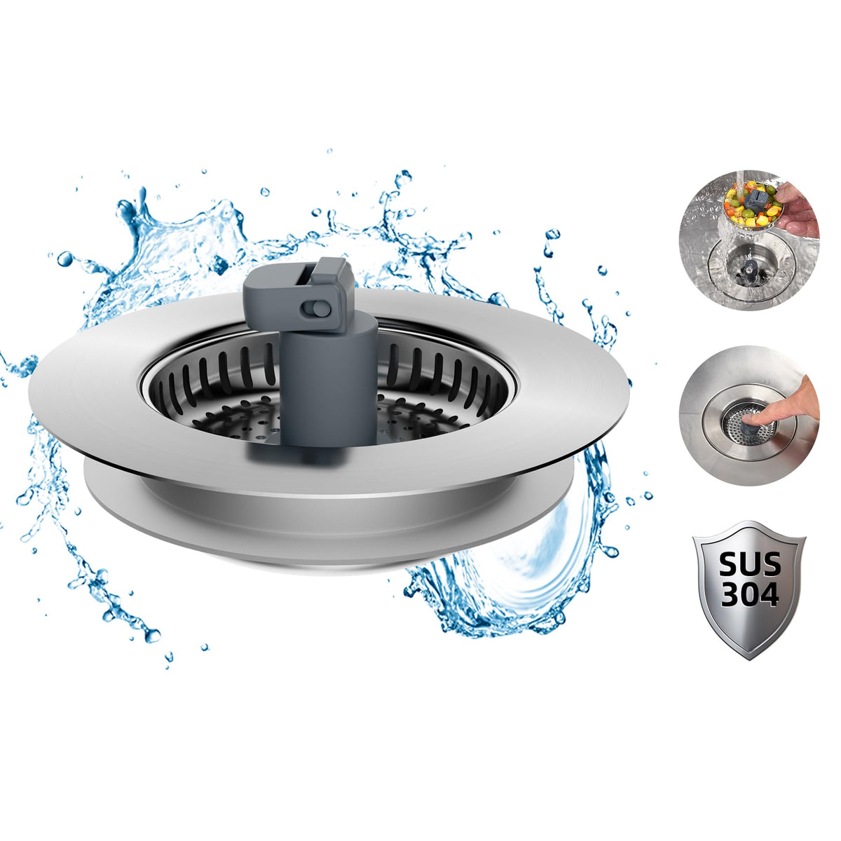 Hibbent 3 In 1 Kitchen Sink Drain Strainer, Stainless Steel Drain Stopper Combo, Pop Up Sink Stopper, Anti-Clogging Metal Basket