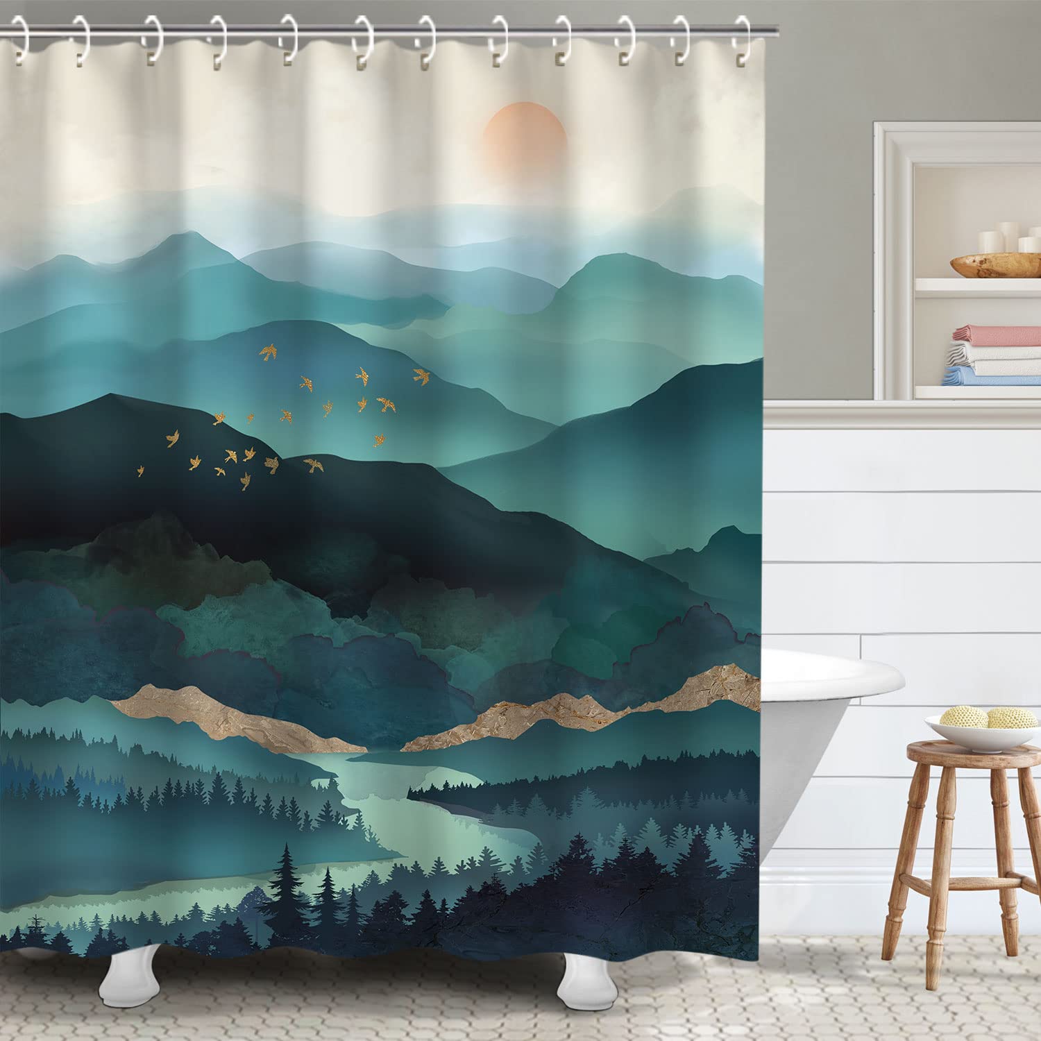Rosielily Mountain Shower Curtain, Teal Shower Curtain For Bathroom, Cool Shower Curtain Nature Shower Curtain Hooks, Watercolor