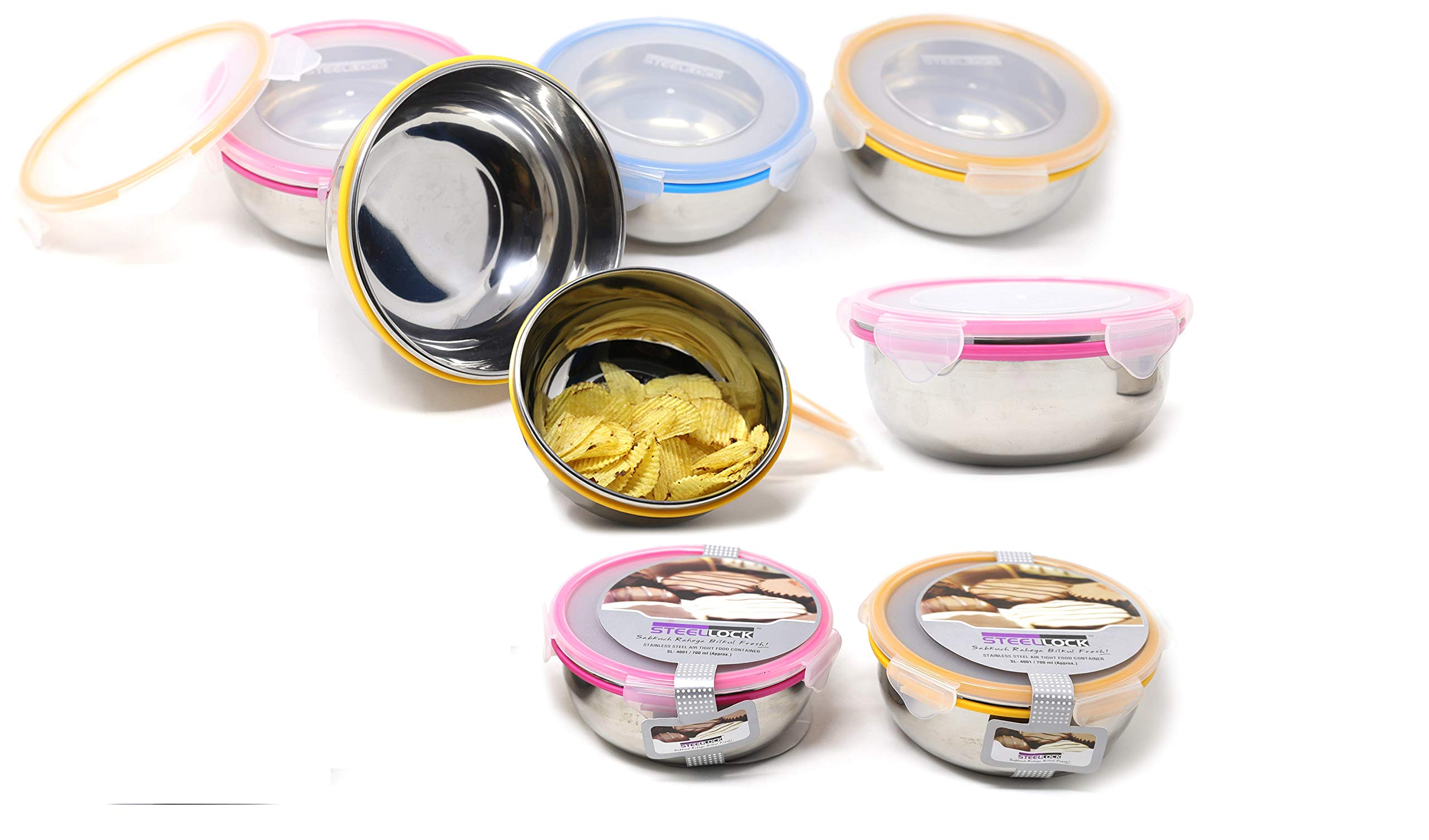 Steel Lock Stainless Steel Airtight Round Storage Container 8 Pc Set, 700 Ml Each