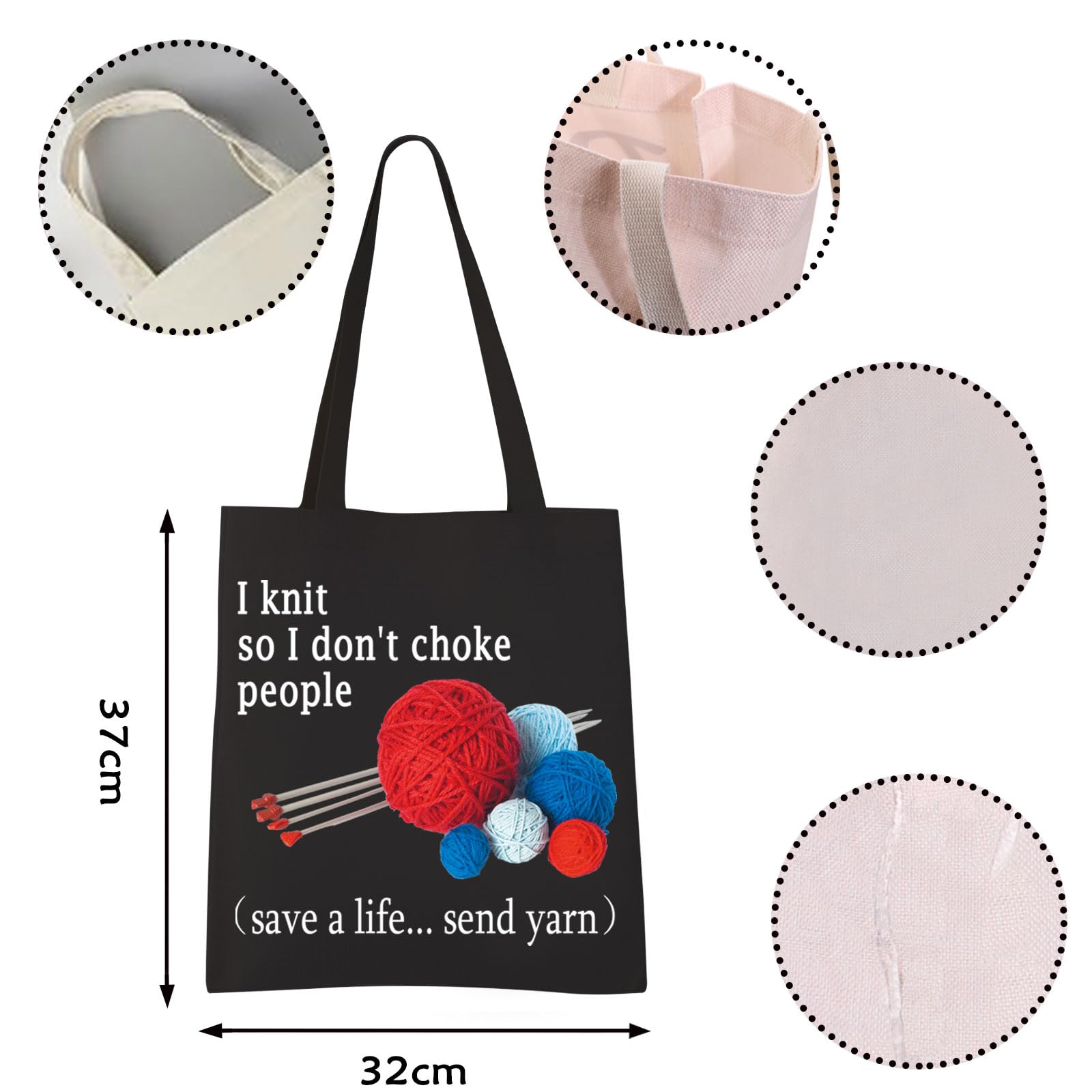 Vamsii I Knit So I Don'T Choke People Tote Bag Funny Knitting Lover Gifts Shoulder Bag Knitter Gifts Yarn Storage Bag (Blk-Send