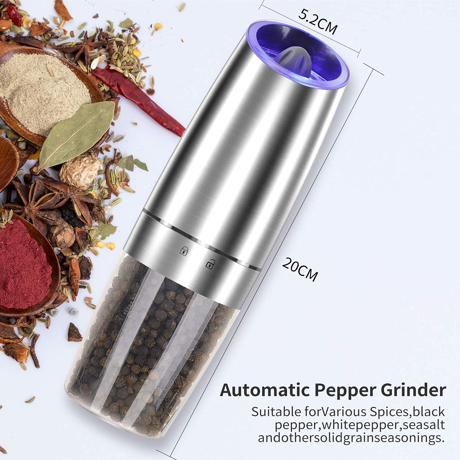 Electric Salt And Pepper Grinder Set Of 2, Automatic Salt And Pepper Mill Grinder, Adjustable Roughness, Battery Powered With Bl