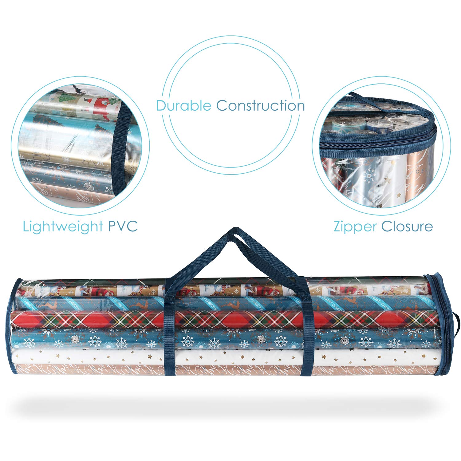 Hearth & Harbor Wrapping Paper Storage Container - Clear, Fits Up To 14 Rolls, Small, Steel Blue, Model HHHS02, Tear Proof Organizer