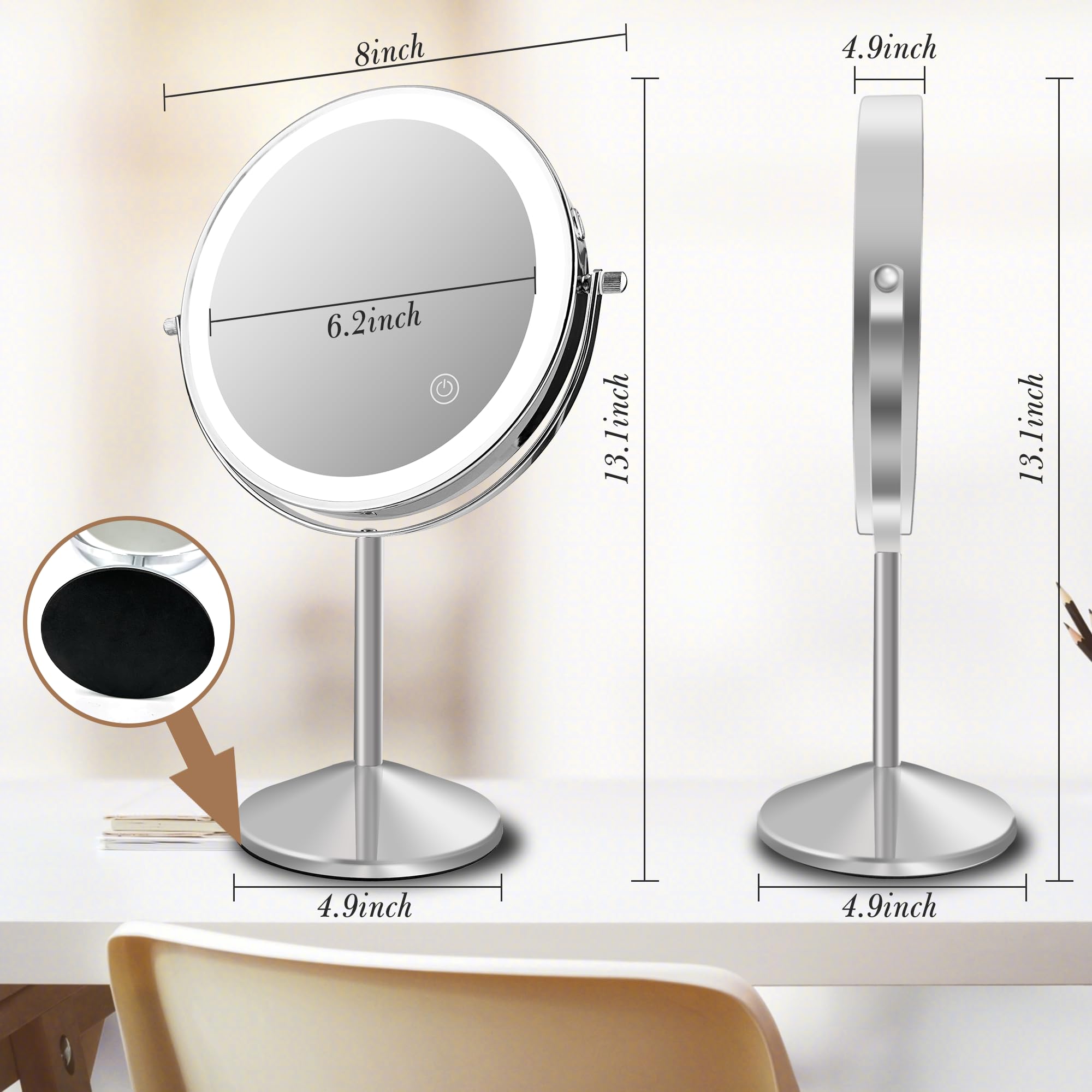 Ysenchan Lighted Makeup Mirror, 8'' Rechargable Led Vanity Magnifying Mirror, Double Sided 5X Manification Mirror With Stand, Co