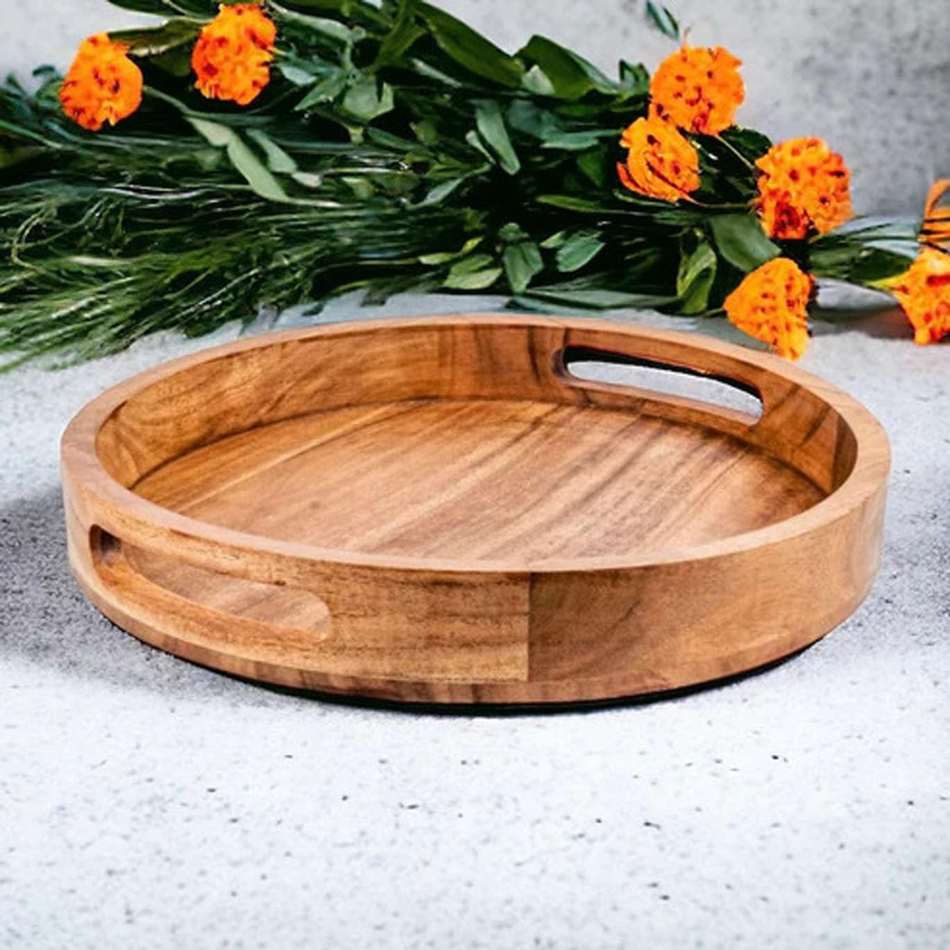 Treetop Creation Solid Wood Round Tray Tea & Coffee Table Decorative Serving Tray Food Storage Platters For Serving Beverages & 