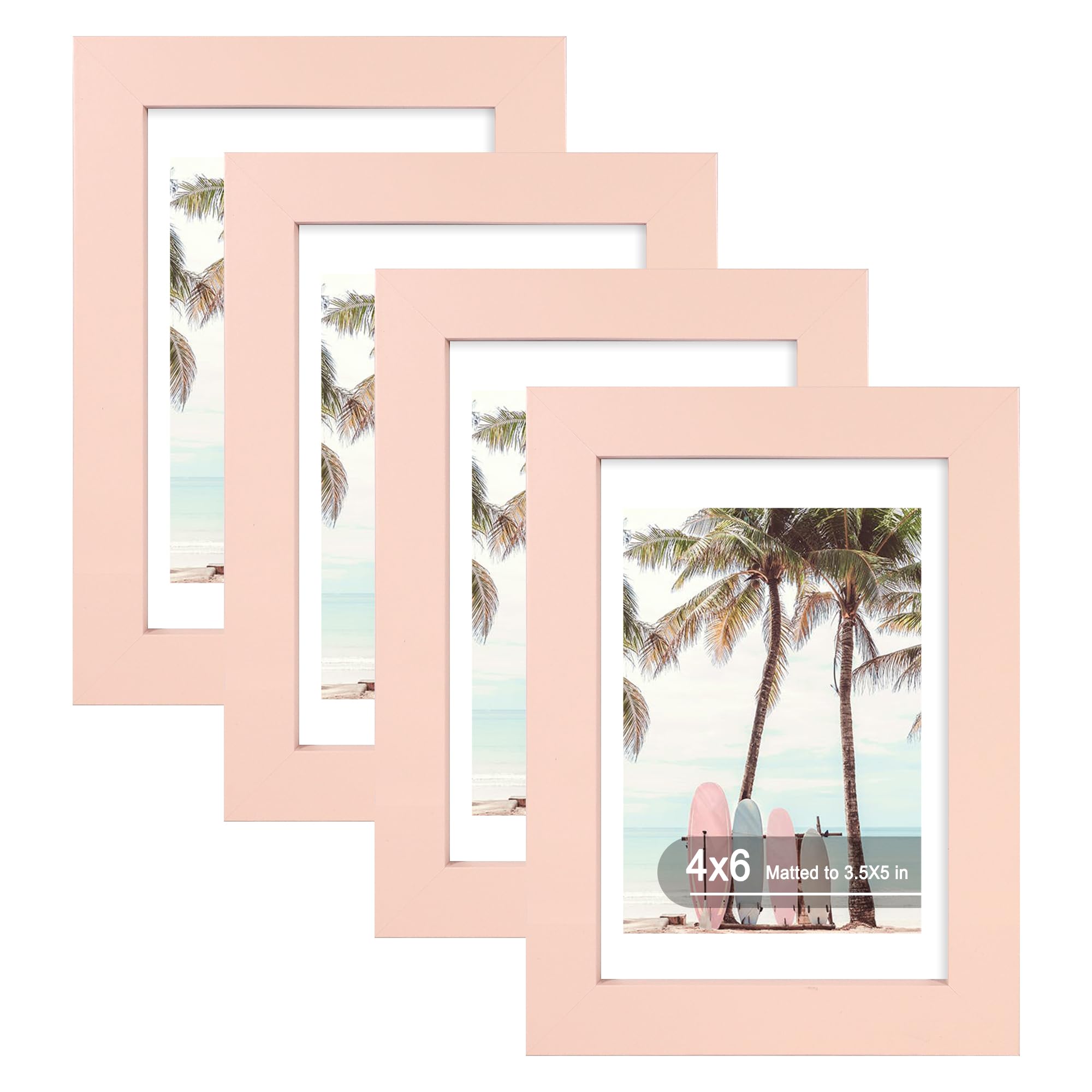 Hongkee 4x6 Picture Frame (4 Pack, Pink), Made of Real Glass and Wooden Frame - Display Pictures 3.5x5 with Mat or 4x6 Without M