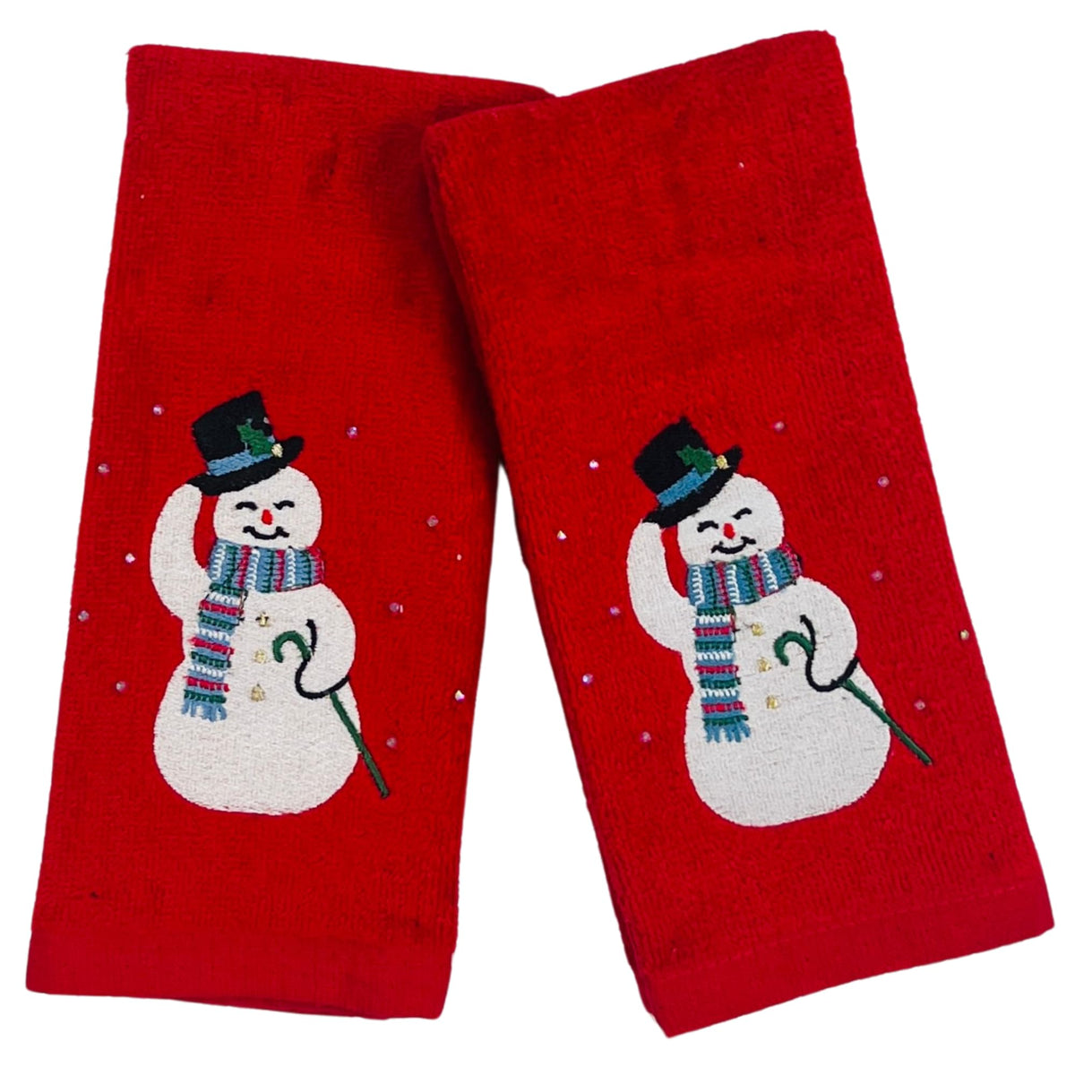 Serafina Home Holiday Christmas Bath Fingertip Towels, Embroidered Cheery Old Fashioned Retro Snowman With Stitched Hem, 2 Piece