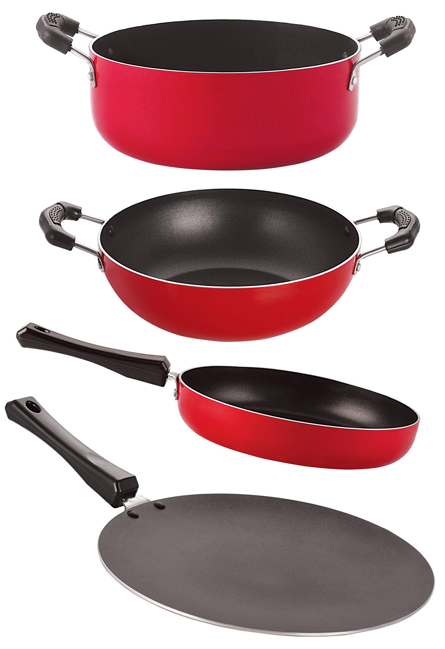 Nirlon Aluminium Non Stick Cookware Set,4 Pieces (Red & Black) (Ct12_Fp11_Kd10_Cs24)
