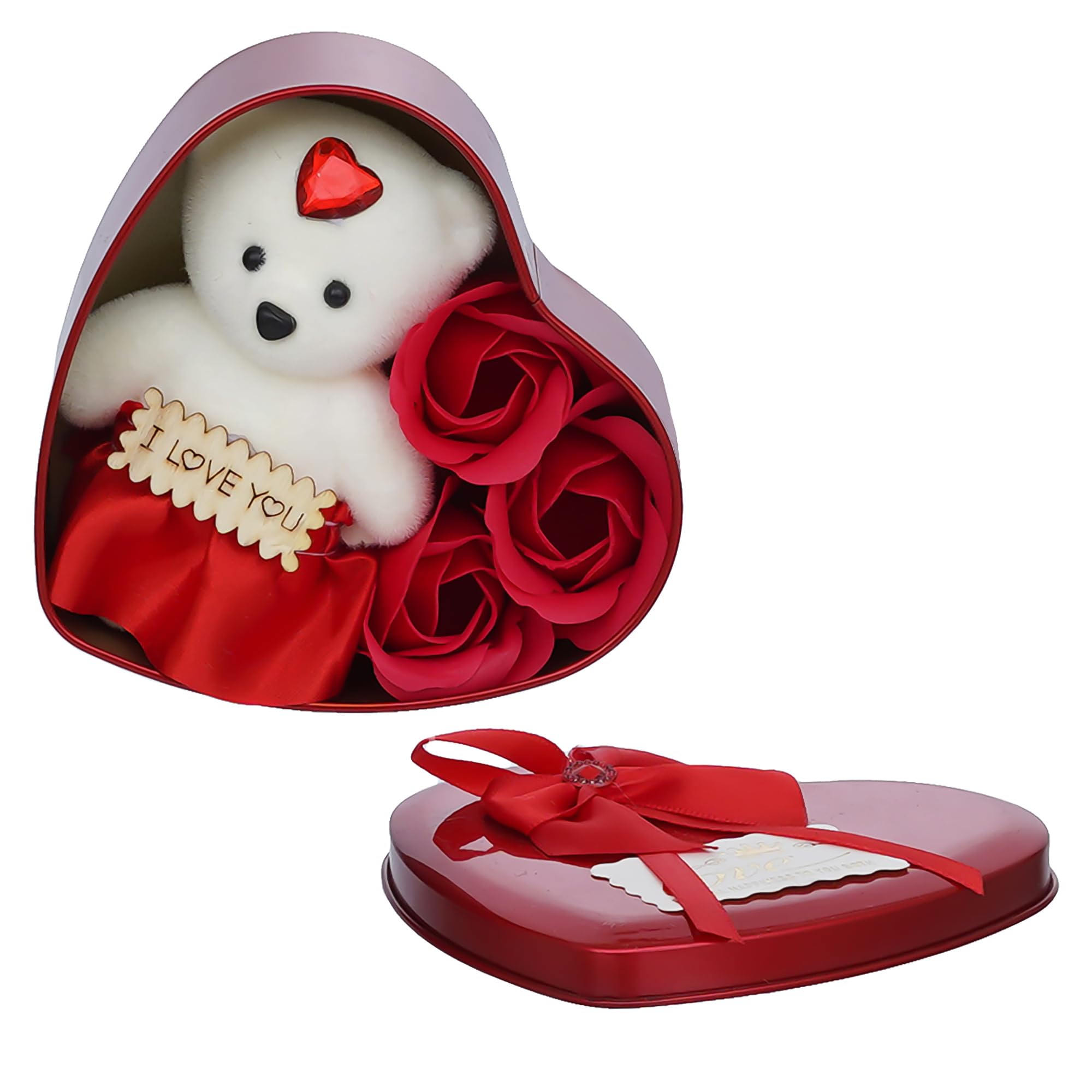 Ecraftindia Heart Shaped Valentines Day Gift Box With I Love You Message Teddy Bear 3 Red Roses| Valentine Gift For Girlfriend B