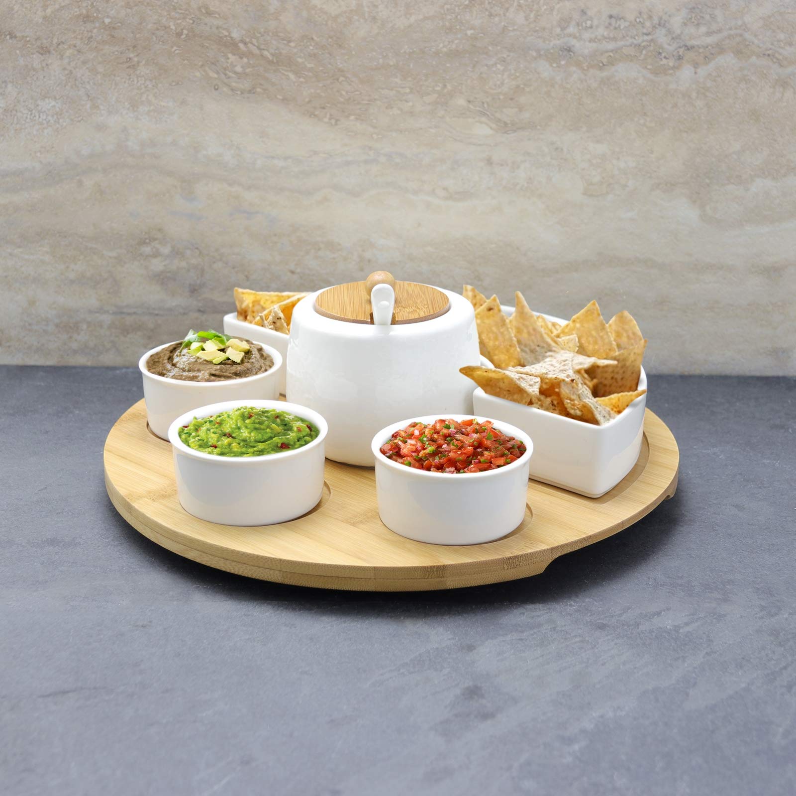 Elama Ceramic Stoneware Condiment Appetizer Set, 8 Piece, Assorted Round In White And Natural Bamboo