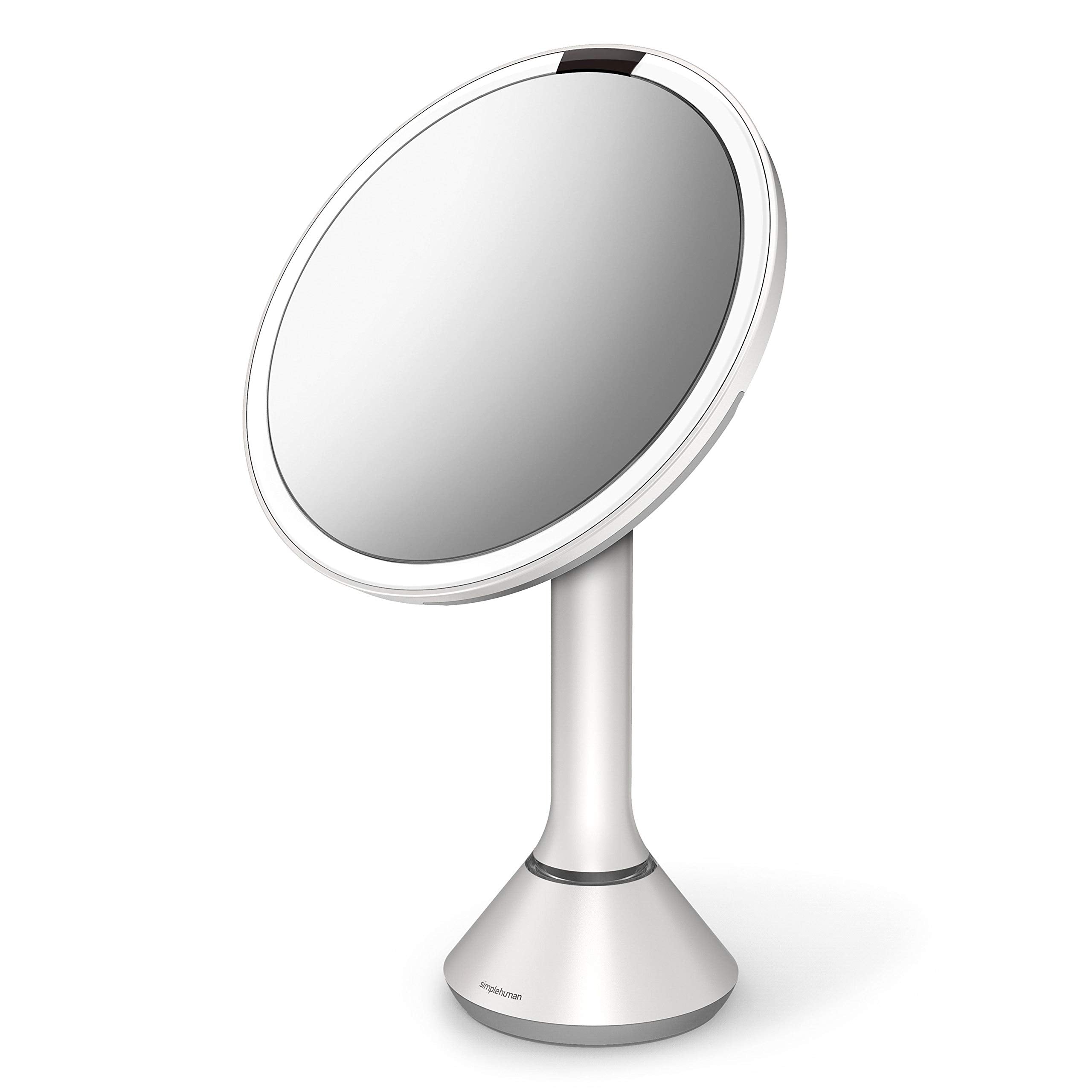 Simplehuman 8'' Round Sensor Makeup Mirror With Touch-Control Brightness, 5X Magnification, Rechargeable And Cordless, White Sta