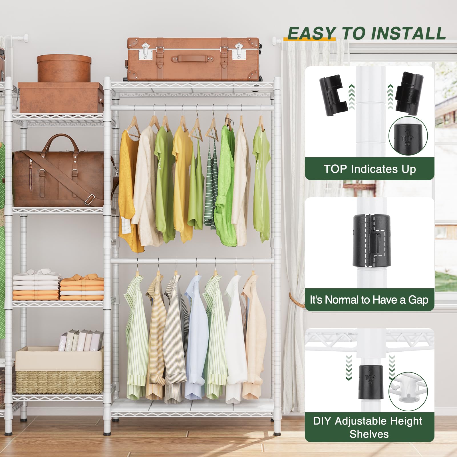 LEHOM G6M Heavy Duty Clothes Rack for Hanging Clothes  Portable Garment Rack Compact Size Closet Organizer  Freestanding Metal Clothing Rack Wardrobe Closet with Storage Shelves for Bedroom  White