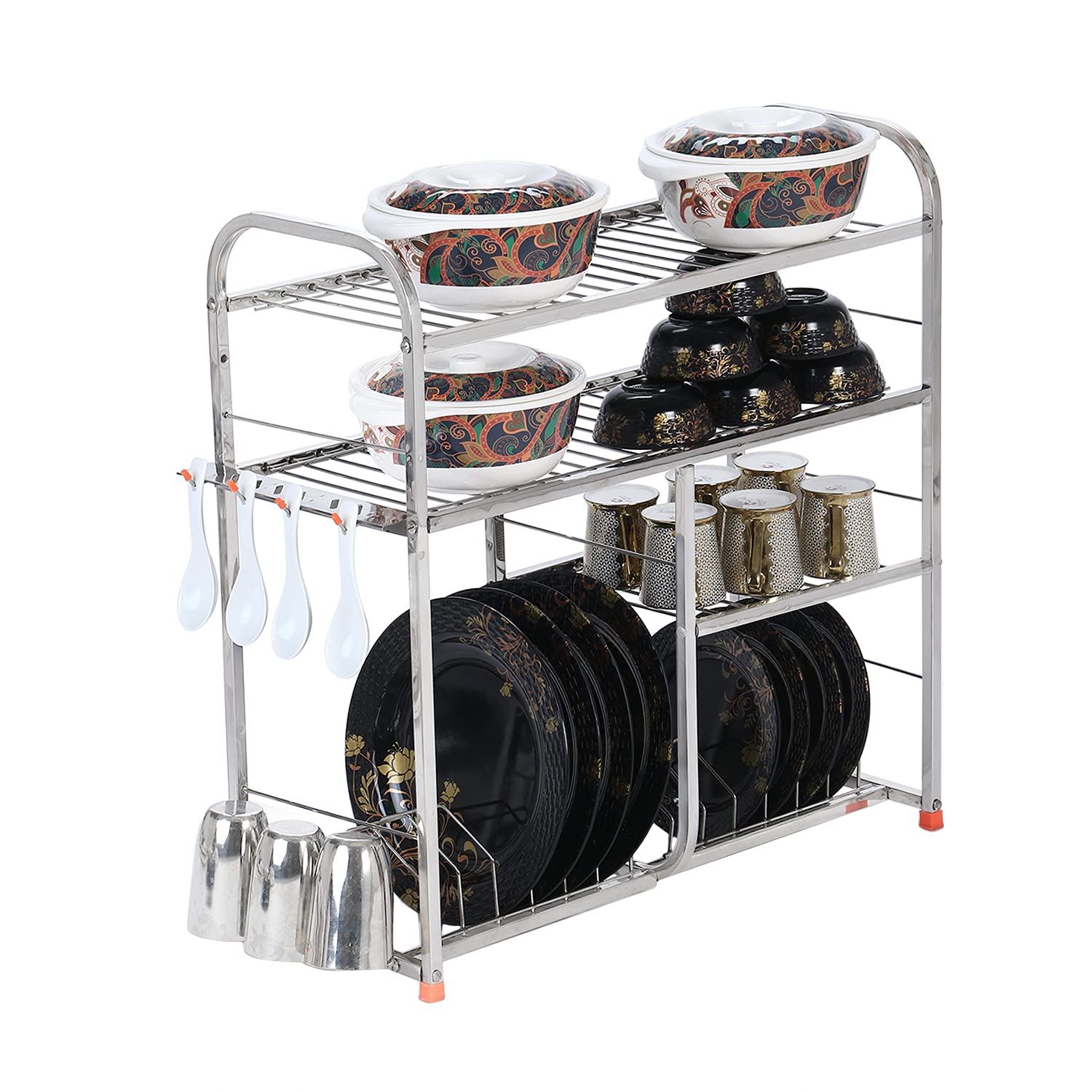 Daaduji Stainless Steel 4 Shelf 24X24 Inches Wall Mount Kitchen Utensils Rack | Dish Rack With Plate & Cutlery Stand | Kitchen S