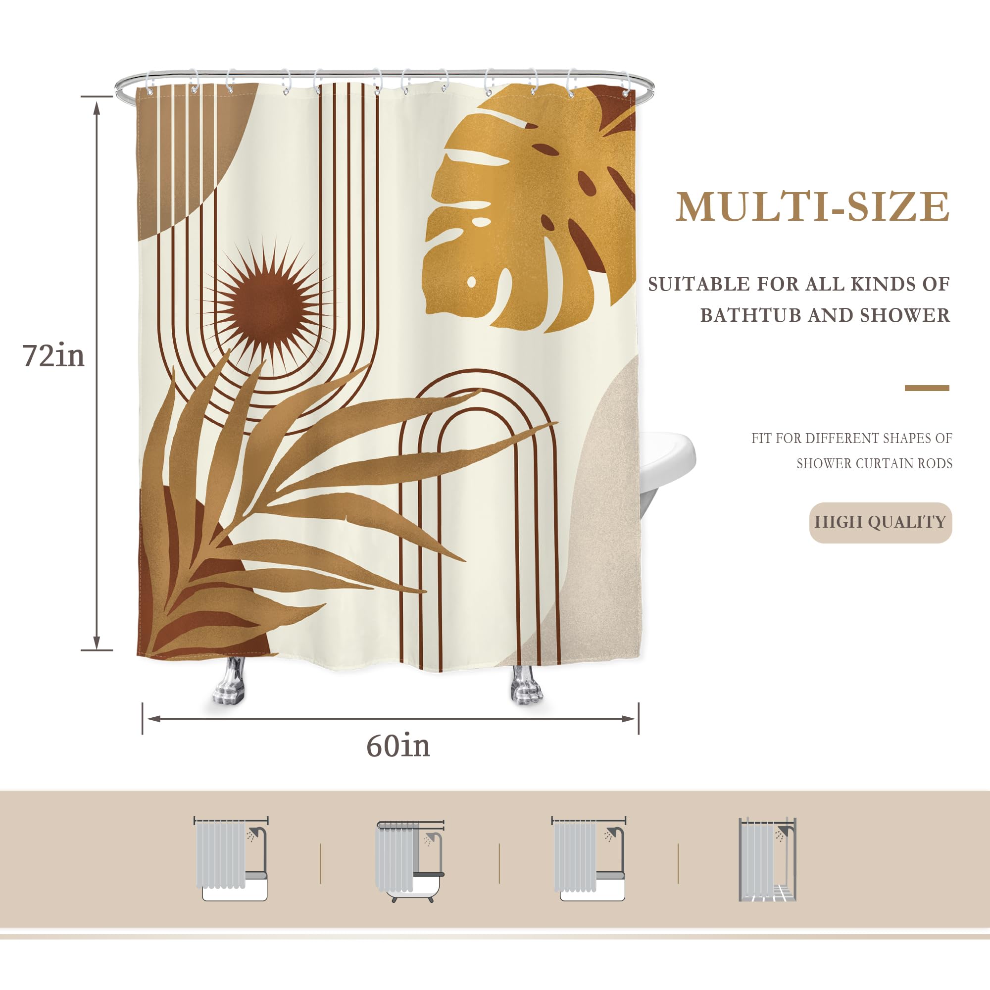 Glawry Boho Mid Century Shower Curtain Yellow Brown Abstract Tropical Palm Leaves Sun Bathroom Minimalist Geometric Arch Retro P